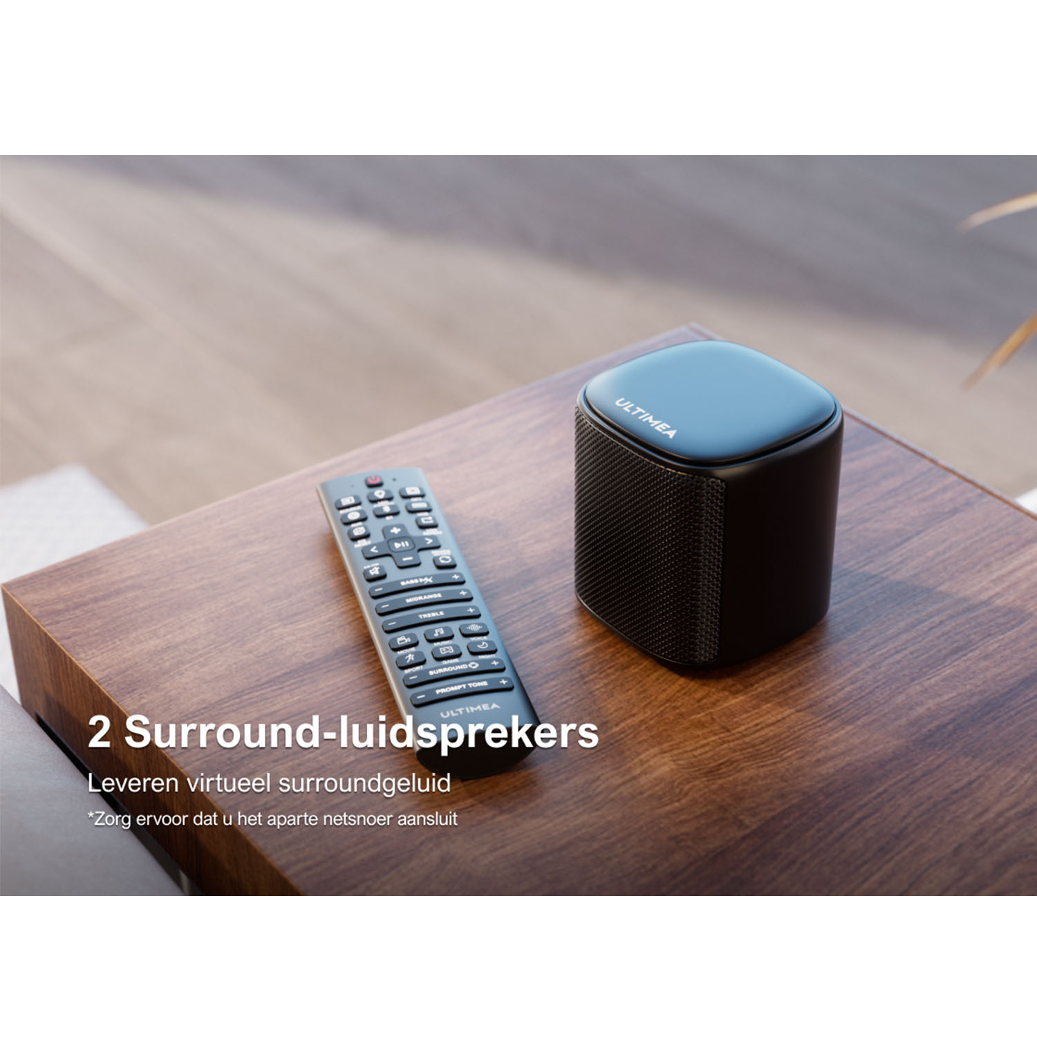 Black speaker with a remote on a wooden table. Text in Dutch is present.