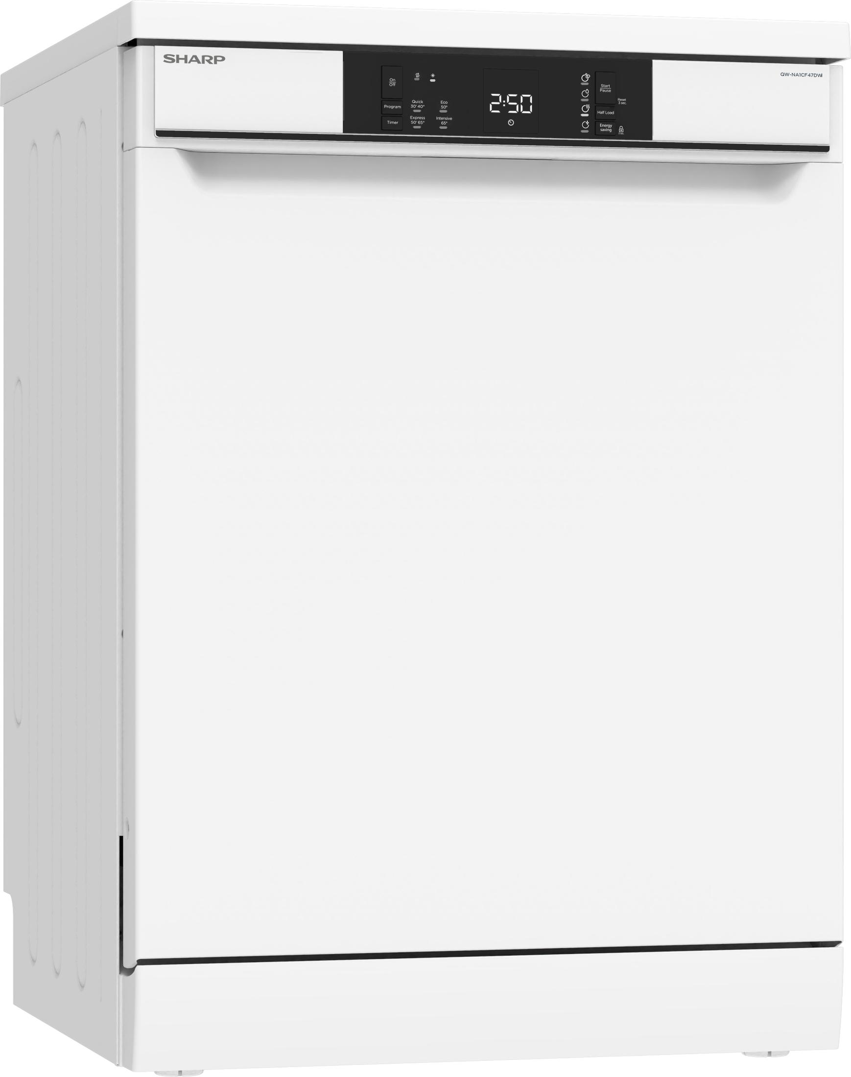 Una lavastoviglie Sharp bianca con display digitale. La lavastoviglie è chiusa e su sfondo bianco.