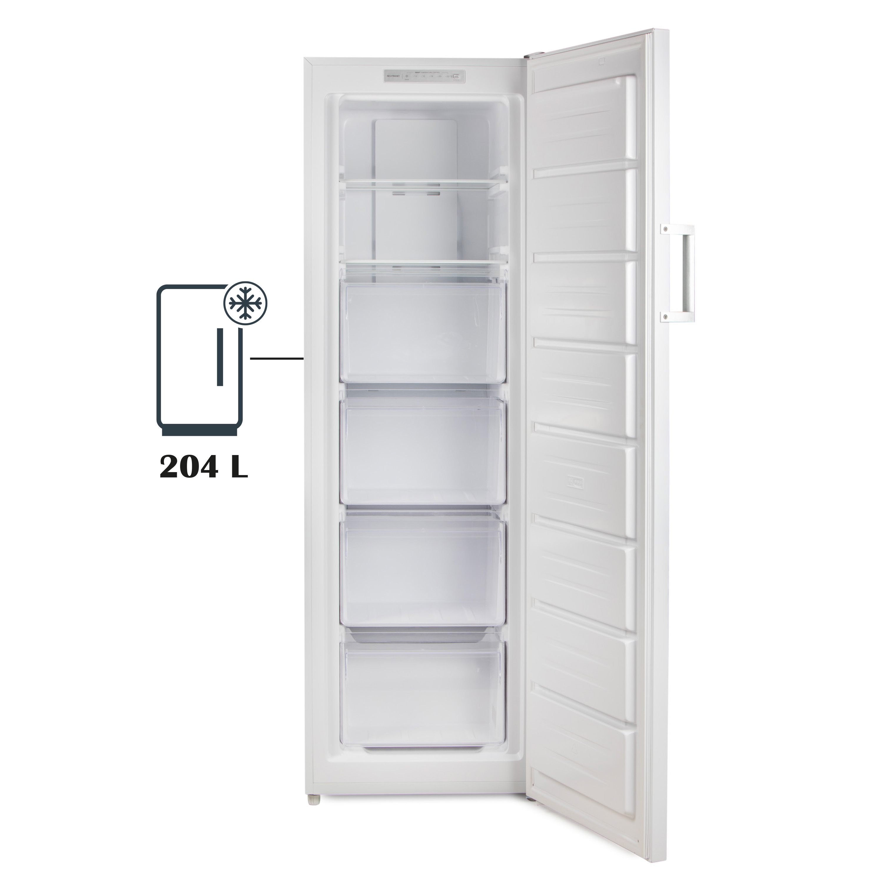 Een witte vriezer met de deur open. Binnenin zitten transparante laden. Een 204 L-pictogram is zichtbaar.
