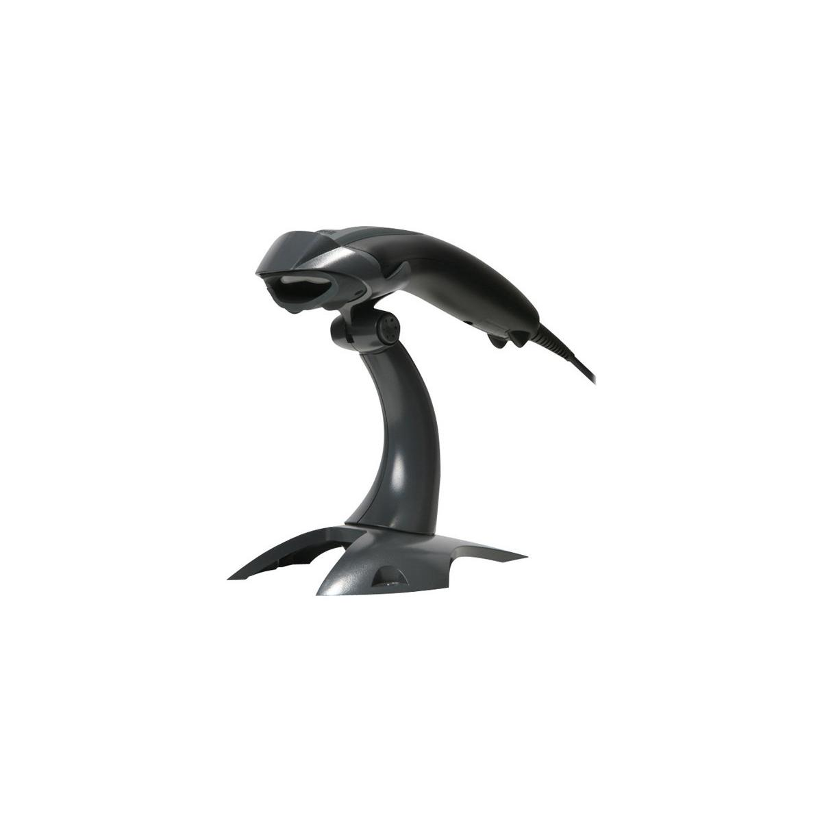 Ein schwarzer Scanner auf einem Ständer, mit geschwungenem Design.
