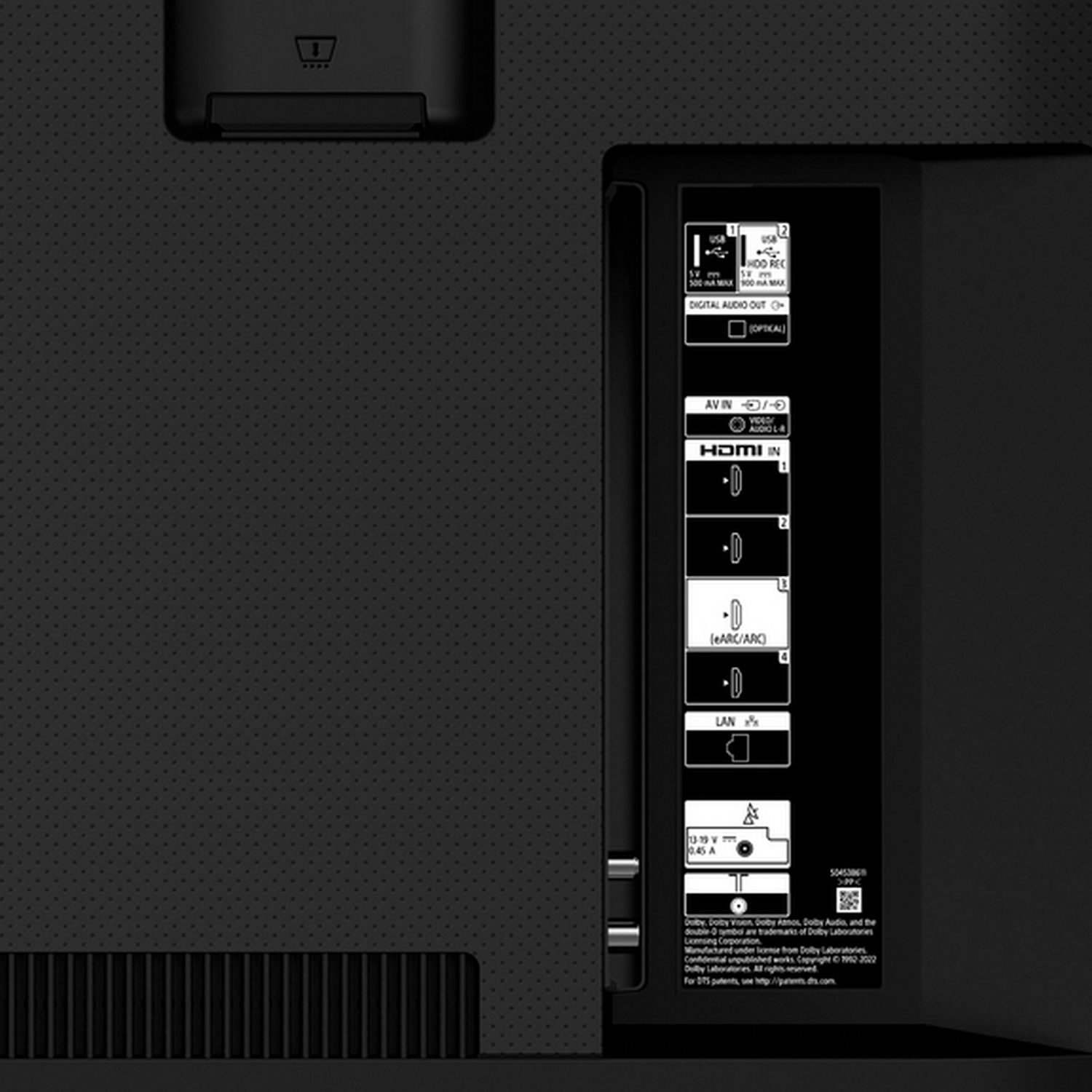 Rückseite des Fernsehers mit Anschlüssen: HDMI, LAN, digitalem Audioausgang und anderen Anschlüssen.