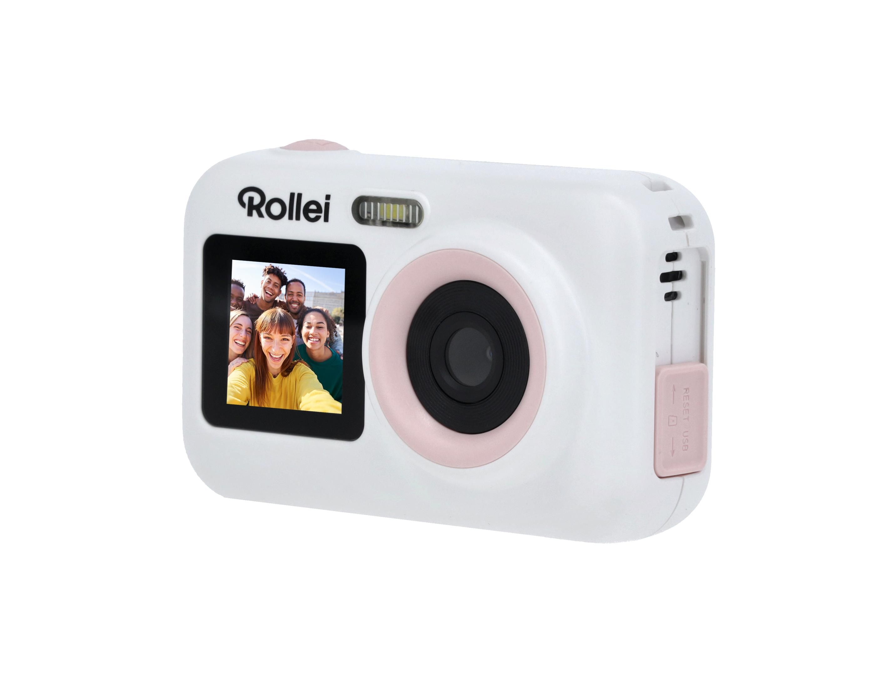 Weiße und rosa Rollei Digitalkamera, die ein Gruppenfoto auf ihrem Bildschirm anzeigt.