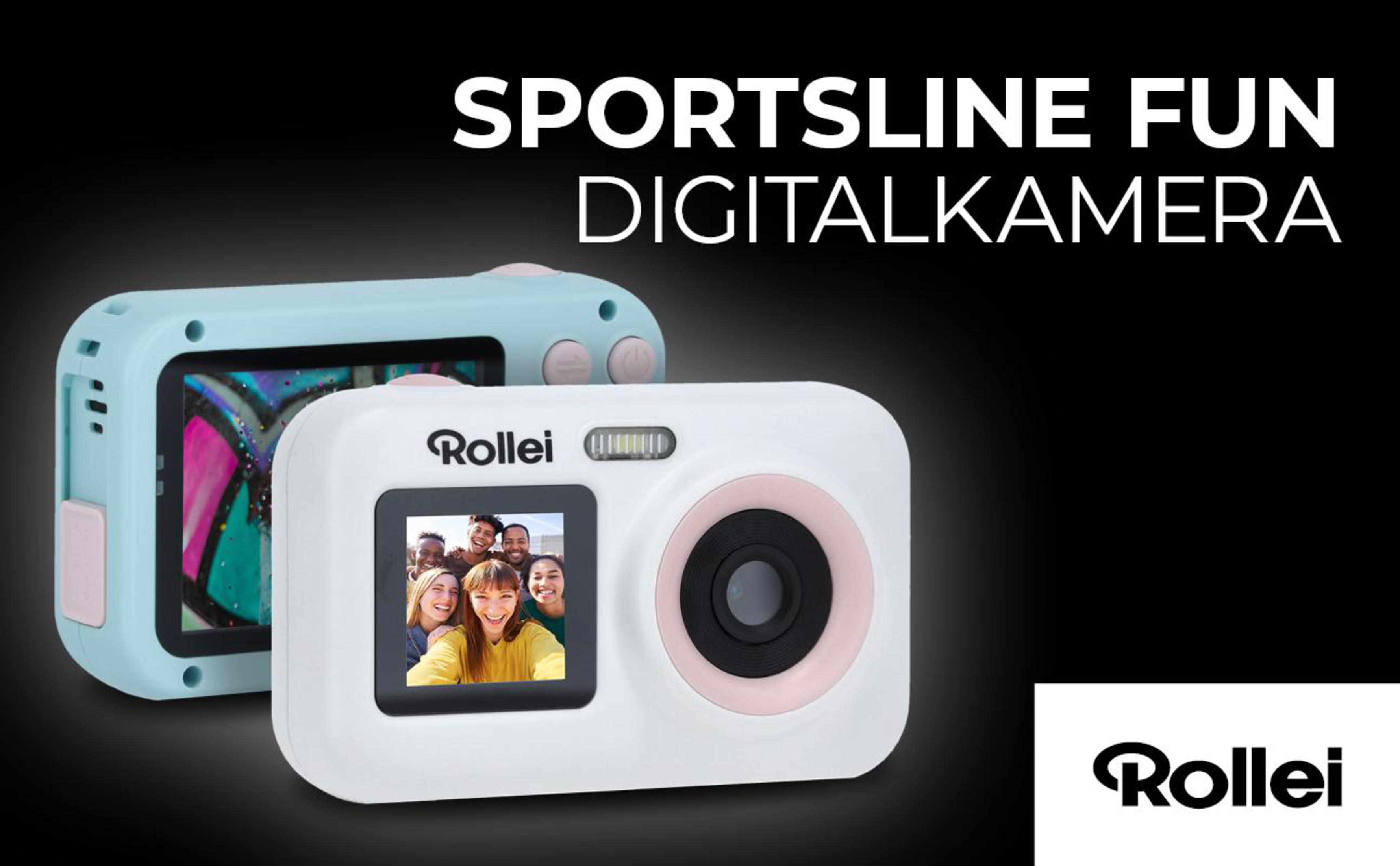 Zwei Digitalkameras, blau und weiß, mit einem Bildschirm, auf dem eine Gruppe lächelnder Menschen zu sehen ist. Die Marke ist Rollei.