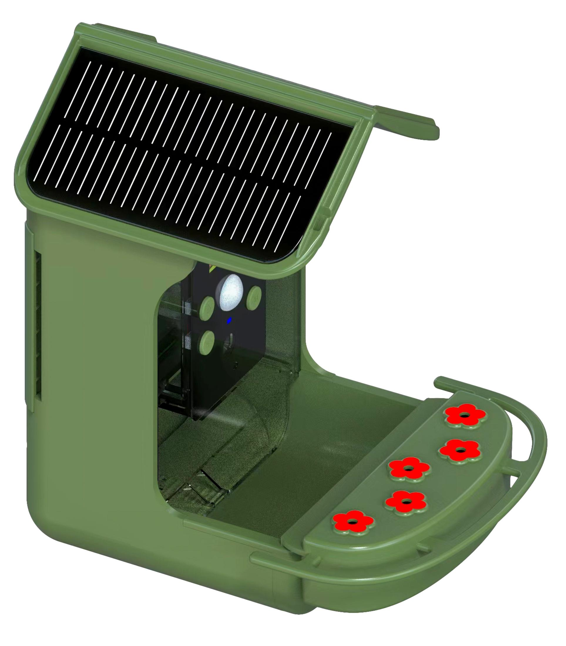 Ein grüner Vogelfutterautomat mit Solarpanel.