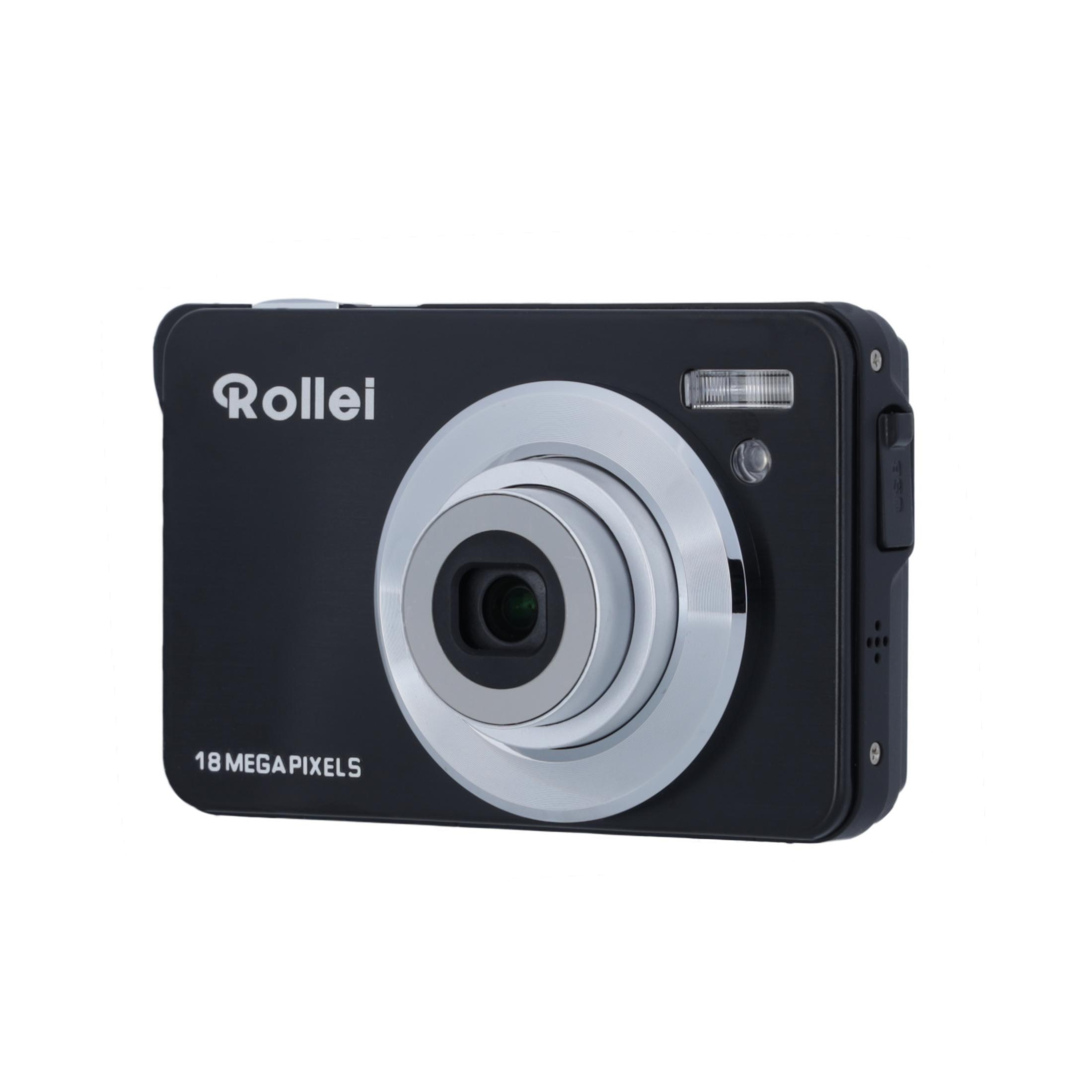 Fotocamera compatta nera con dettagli argentati e obiettivo da 18 megapixel.