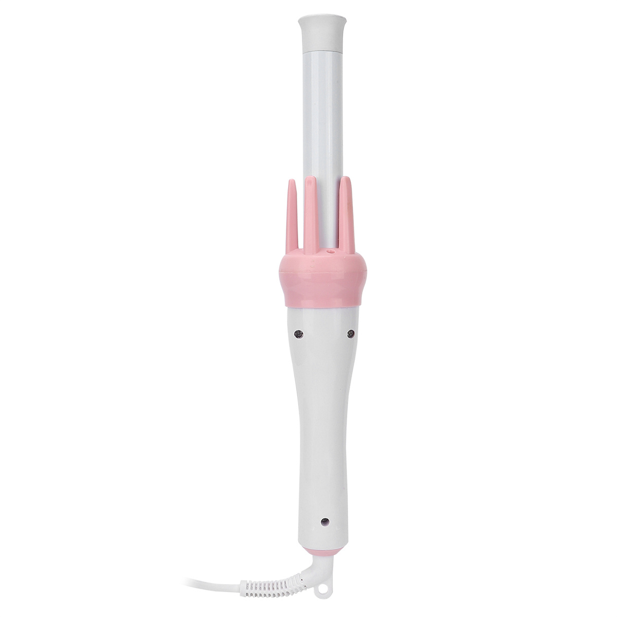 Weiß-rosa Lockenstab, Standmodell, mit Netzkabel, vor weißem Hintergrund.