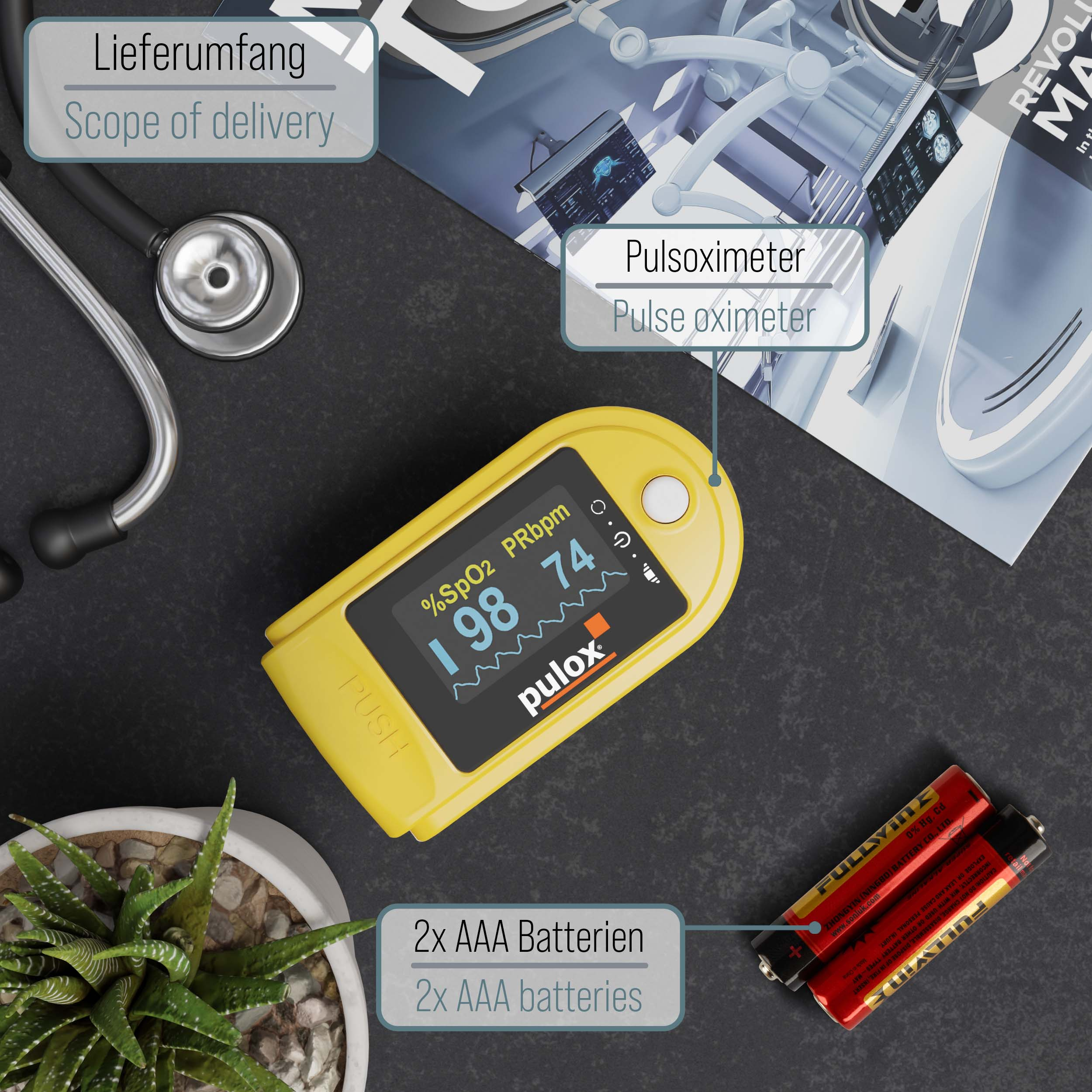 Gelbes Pulsoximeter mit Display. Zwei AAA-Batterien und ein Stethoskop liegen auf dunkler Oberfläche.
