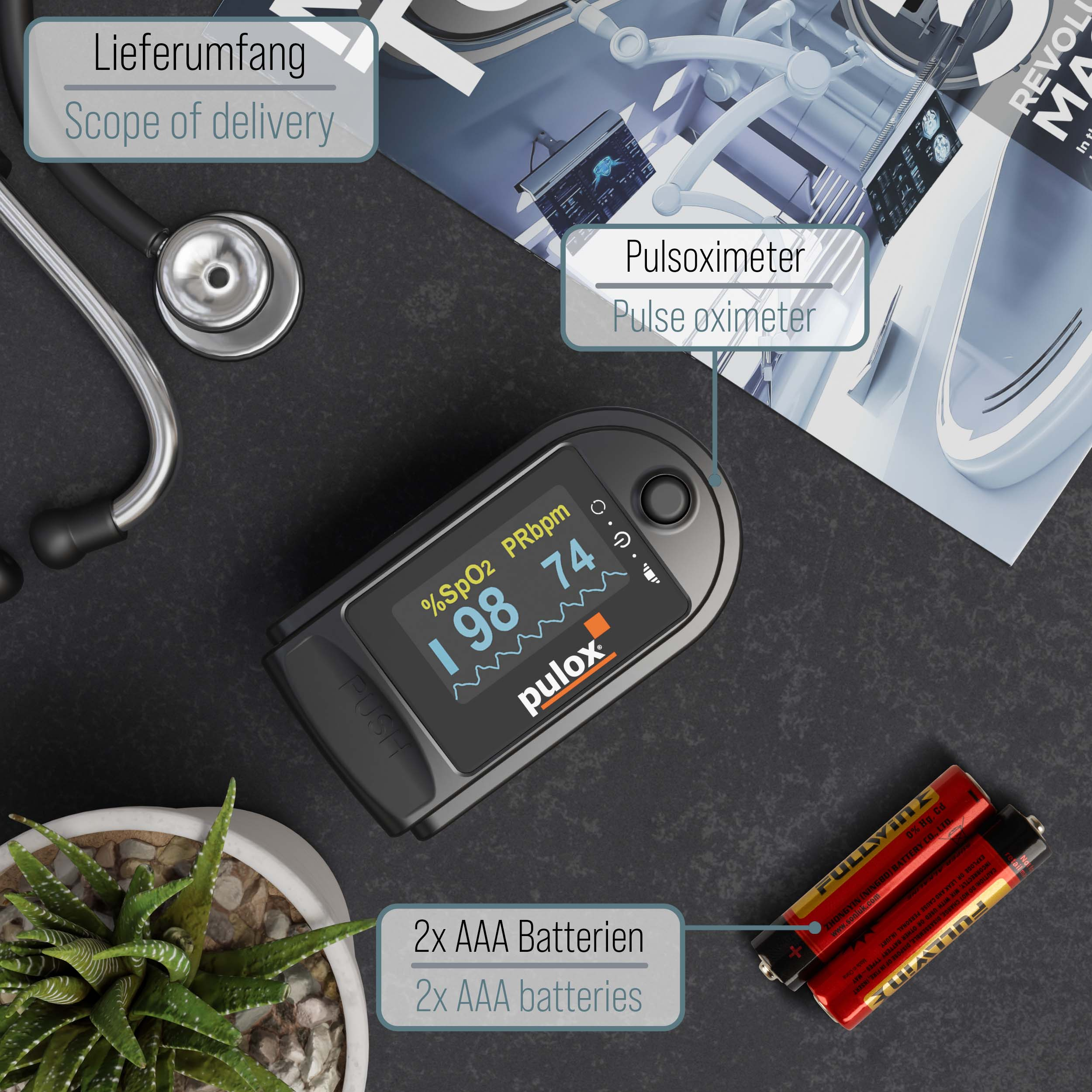 Ein Pulsoximeter, Batterien und eine Pflanze liegen auf einem schwarzen Tisch mit einer Zeitschrift.