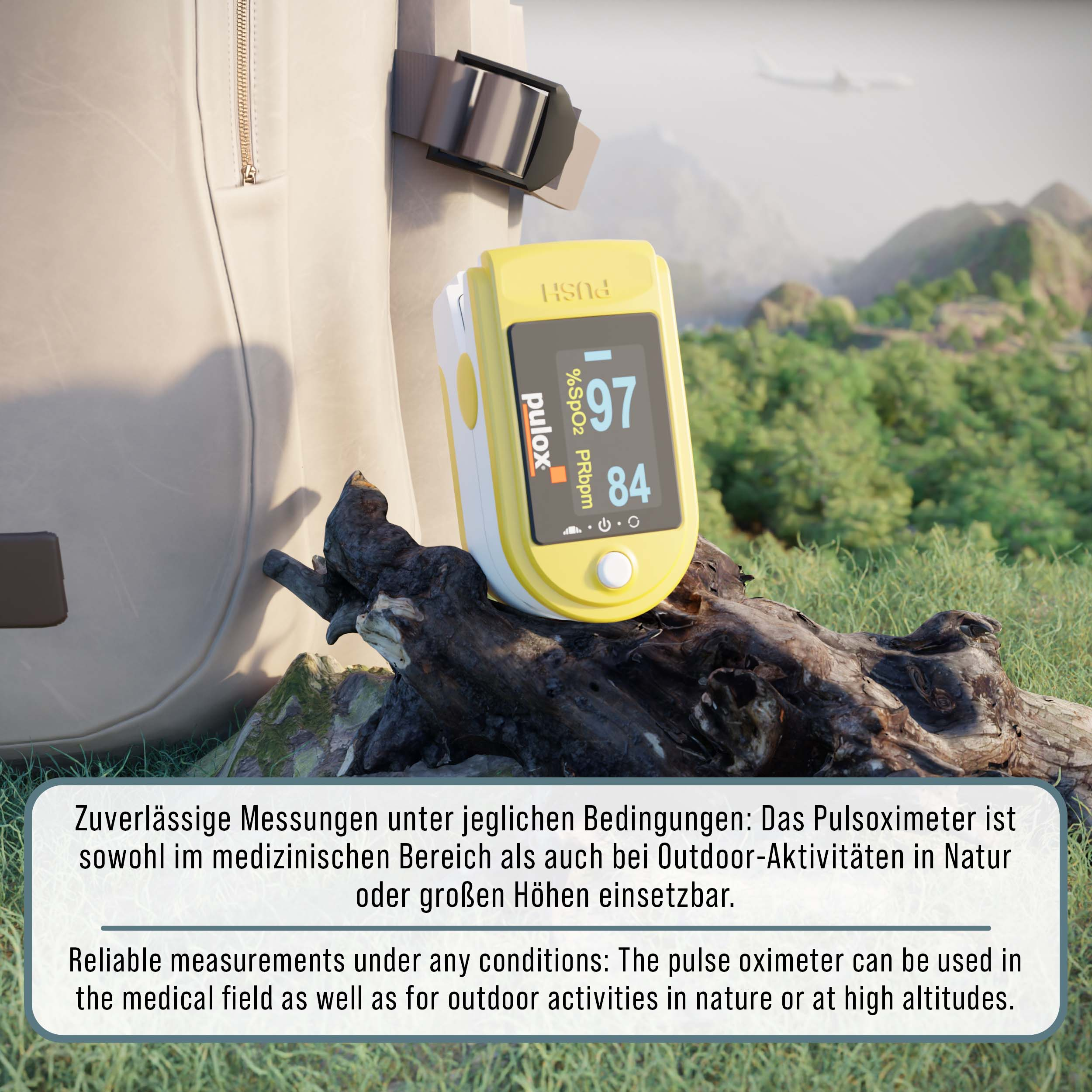 Gelbes Pulsoximeter auf einem Baumstamm, vor verschwommenem Hintergrund mit Hügeln und einem Flugzeug. Text auf dem Gerät.