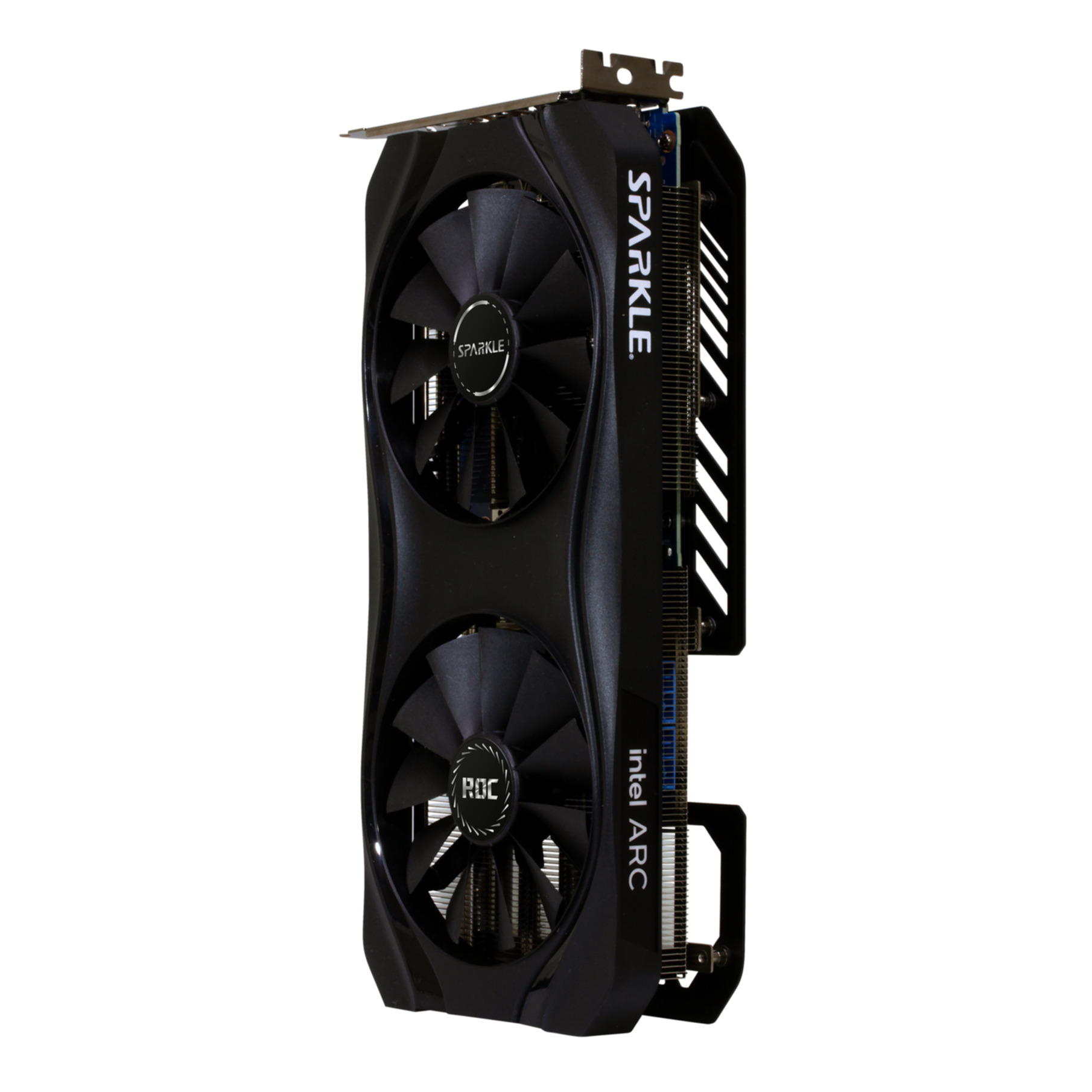 Czarna karta graficzna z dwoma wentylatorami, Intel ARC i logo Sparkle.