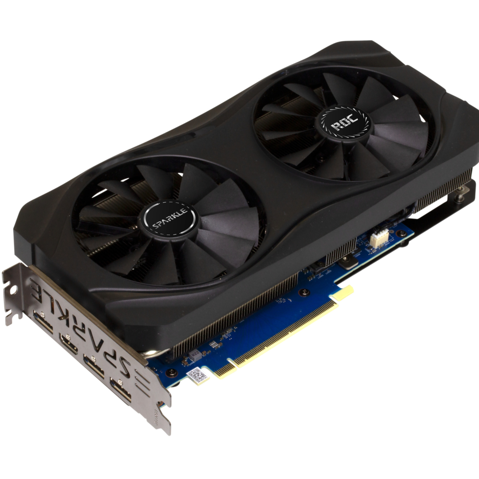 Czarna i srebrna karta graficzna. Dwa wentylatory, tekst Sparkle z boku. Białe tło.