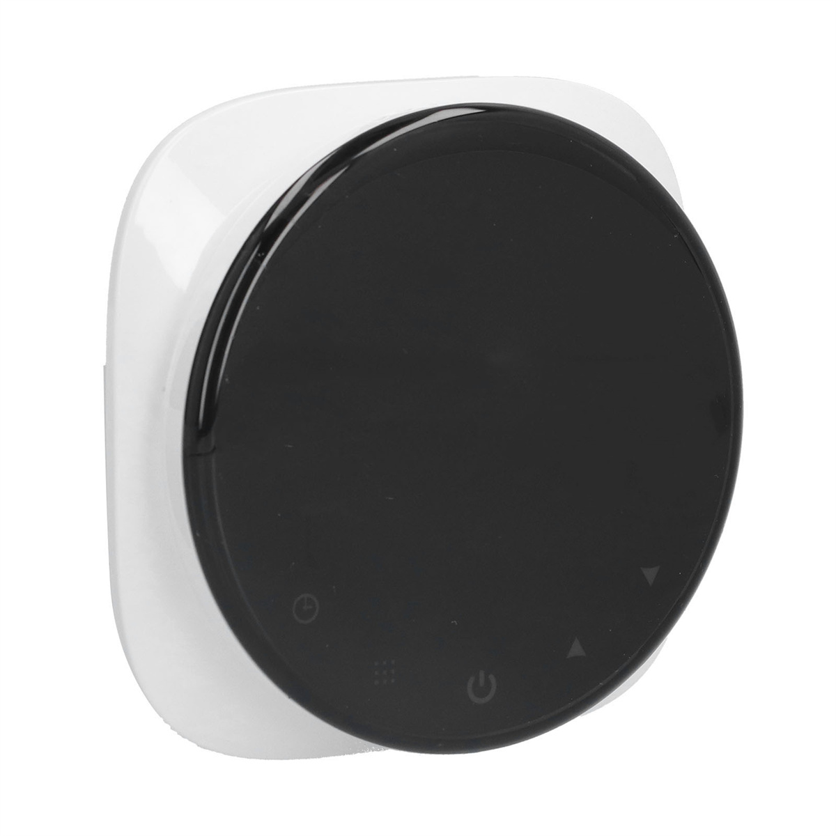 Ein weißes, abgerundetes Thermostat mit schwarzem, rundem Display und Touch-Bedienelementen.
