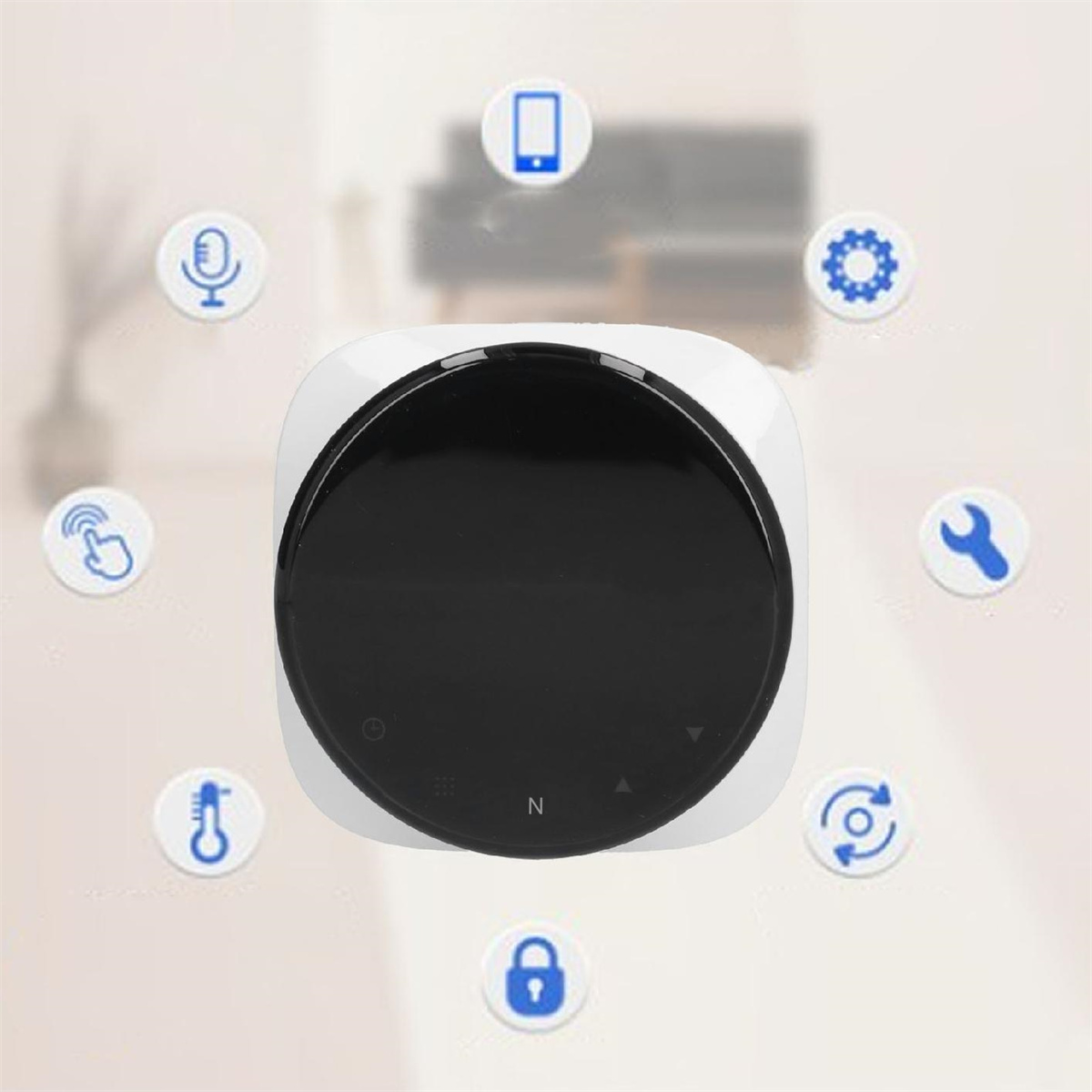 Ein weißer, schwarzbildiger Smart-Thermostat mit Symbolen am Rand vor neutralem Hintergrund.