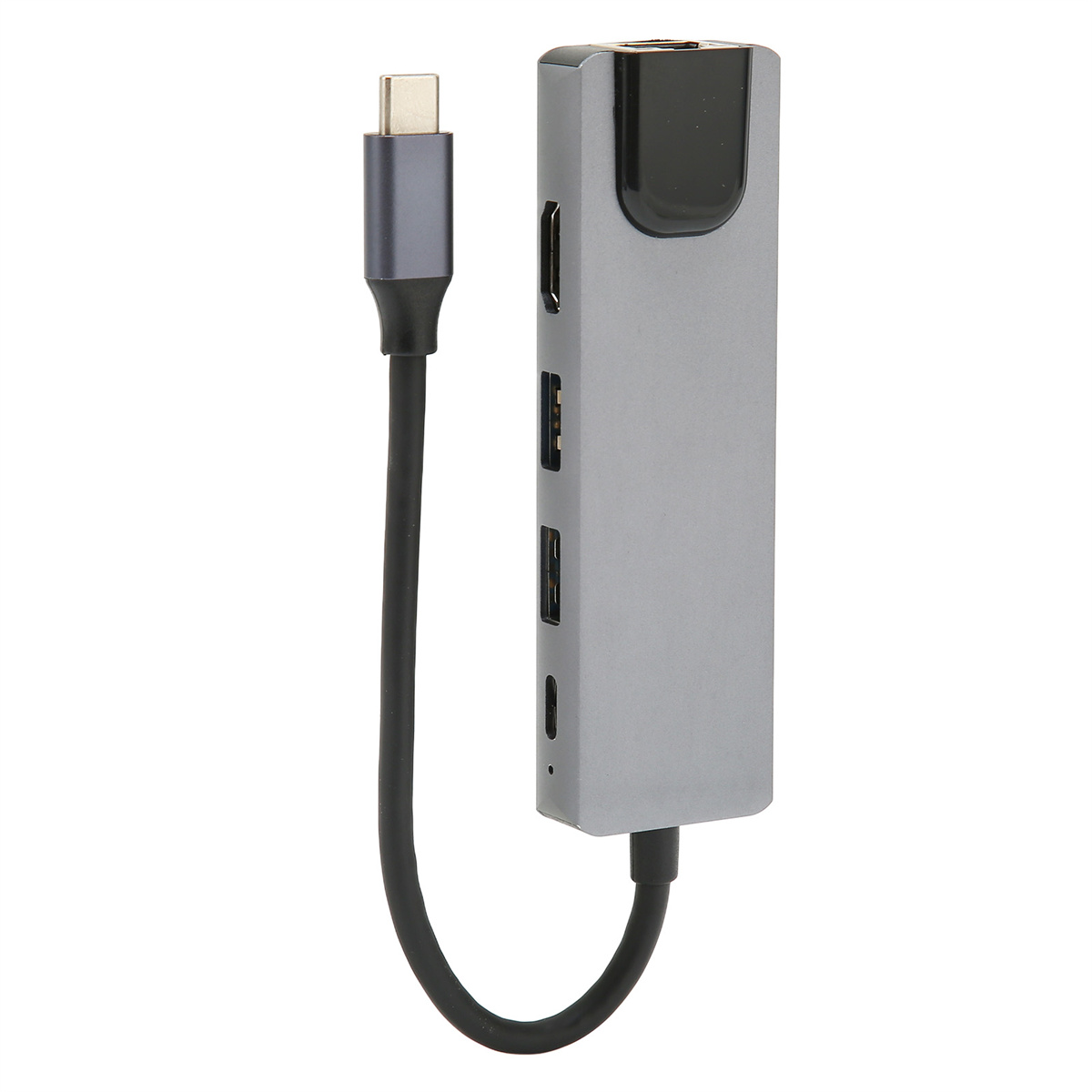 Ein silberner USB-C-Hub mit mehreren Anschlüssen und einem schwarzen Kabel.