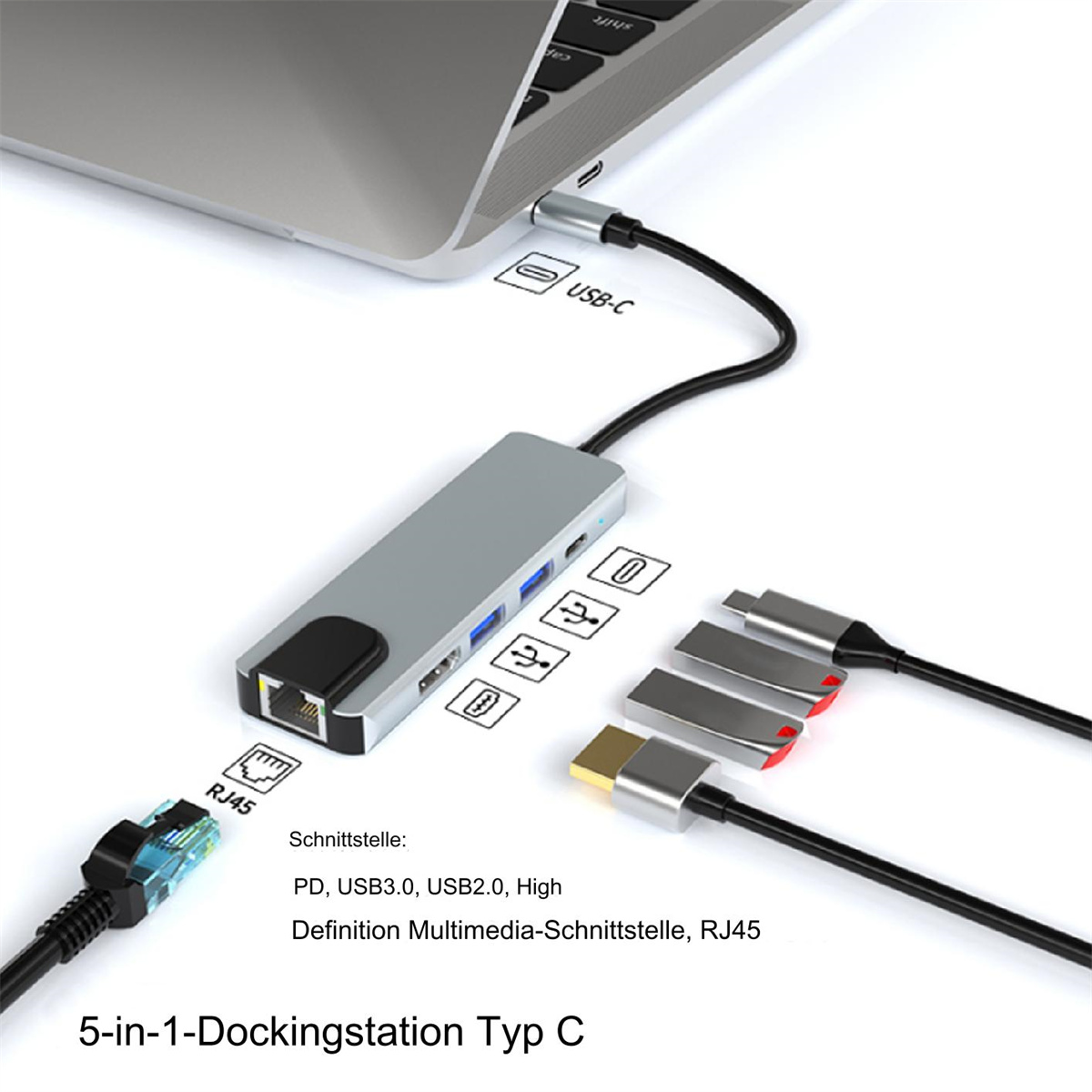 Eine silberne 5-in-1-Dockingstation, die mit einem Laptop verbunden ist, mehrere Anschlüsse sind sichtbar.