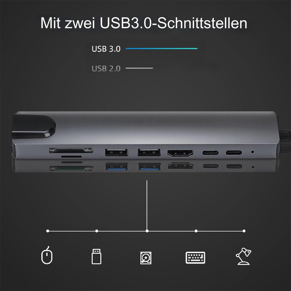 USB-Hub mit mehreren Anschlüssen, einschließlich HDMI und USB 3.0, auf dunkler Oberfläche.
