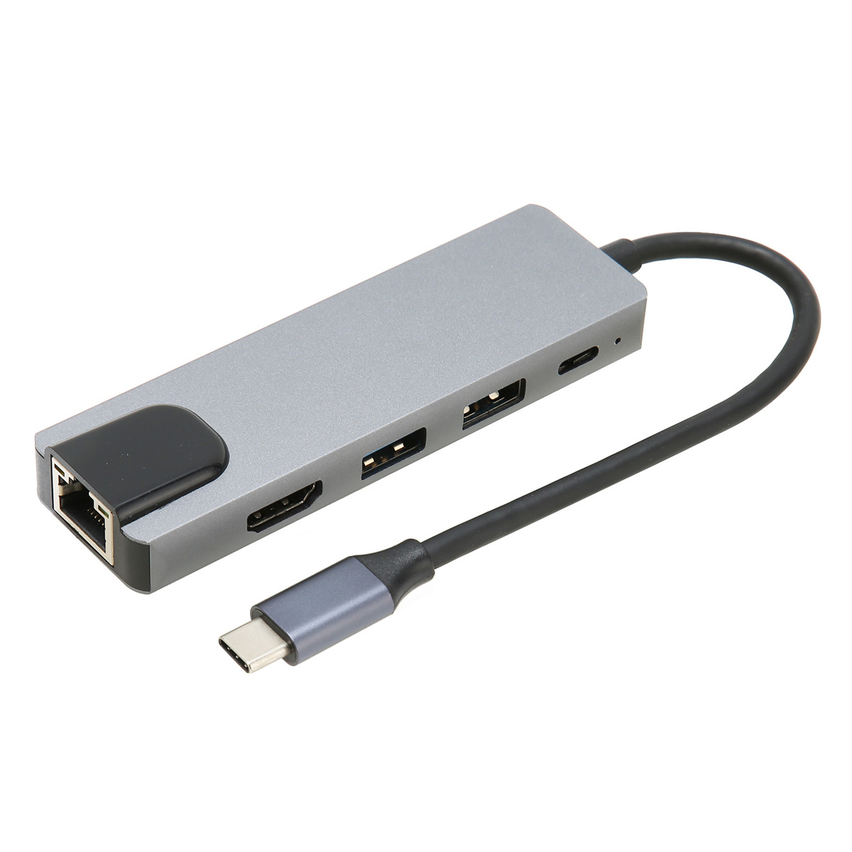 Ein silberner USB-C-Hub mit mehreren Anschlüssen und einem schwarzen Kabel.