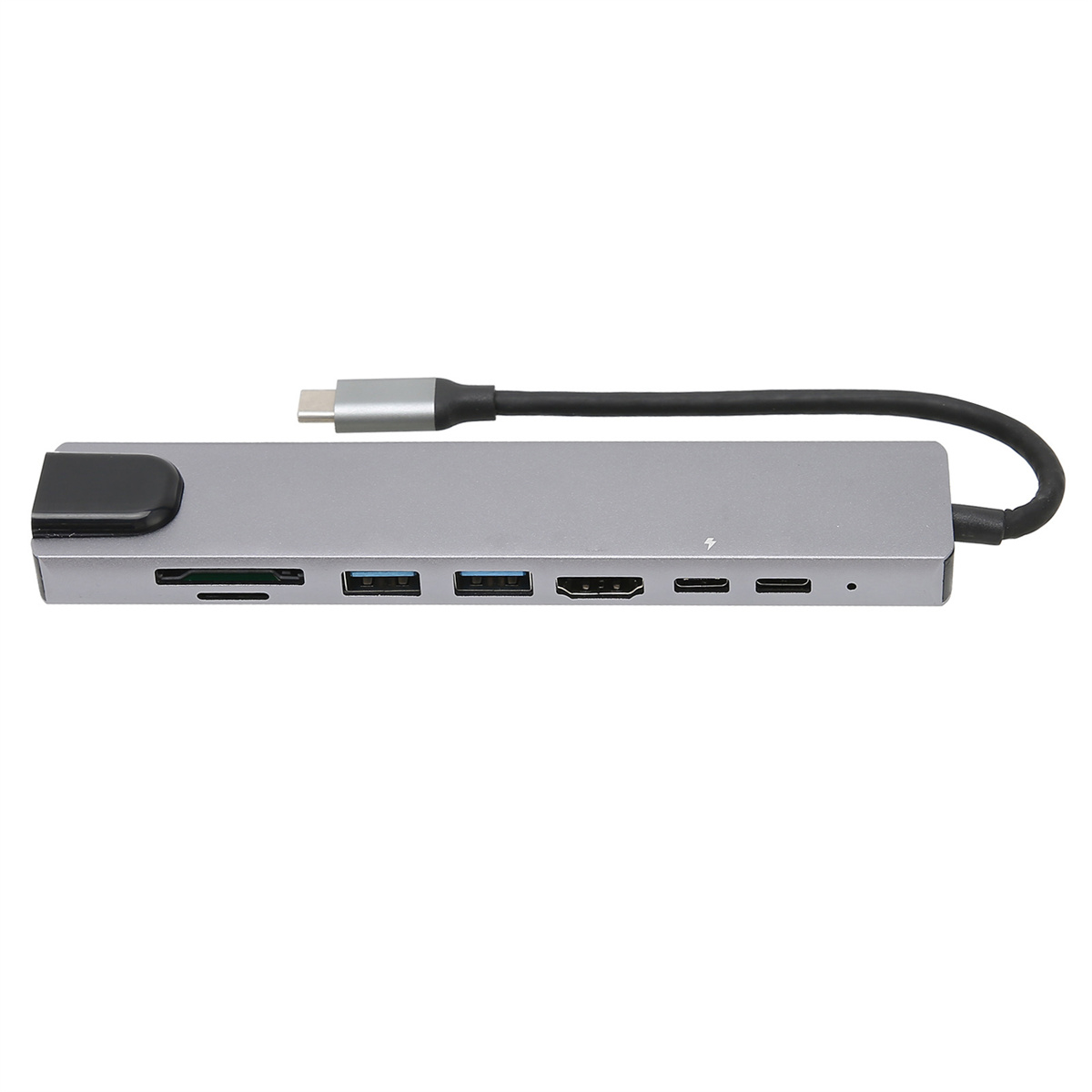 Ein grauer USB-C-Hub mit mehreren Anschlüssen. Er hat ein USB-C-Kabel angeschlossen.