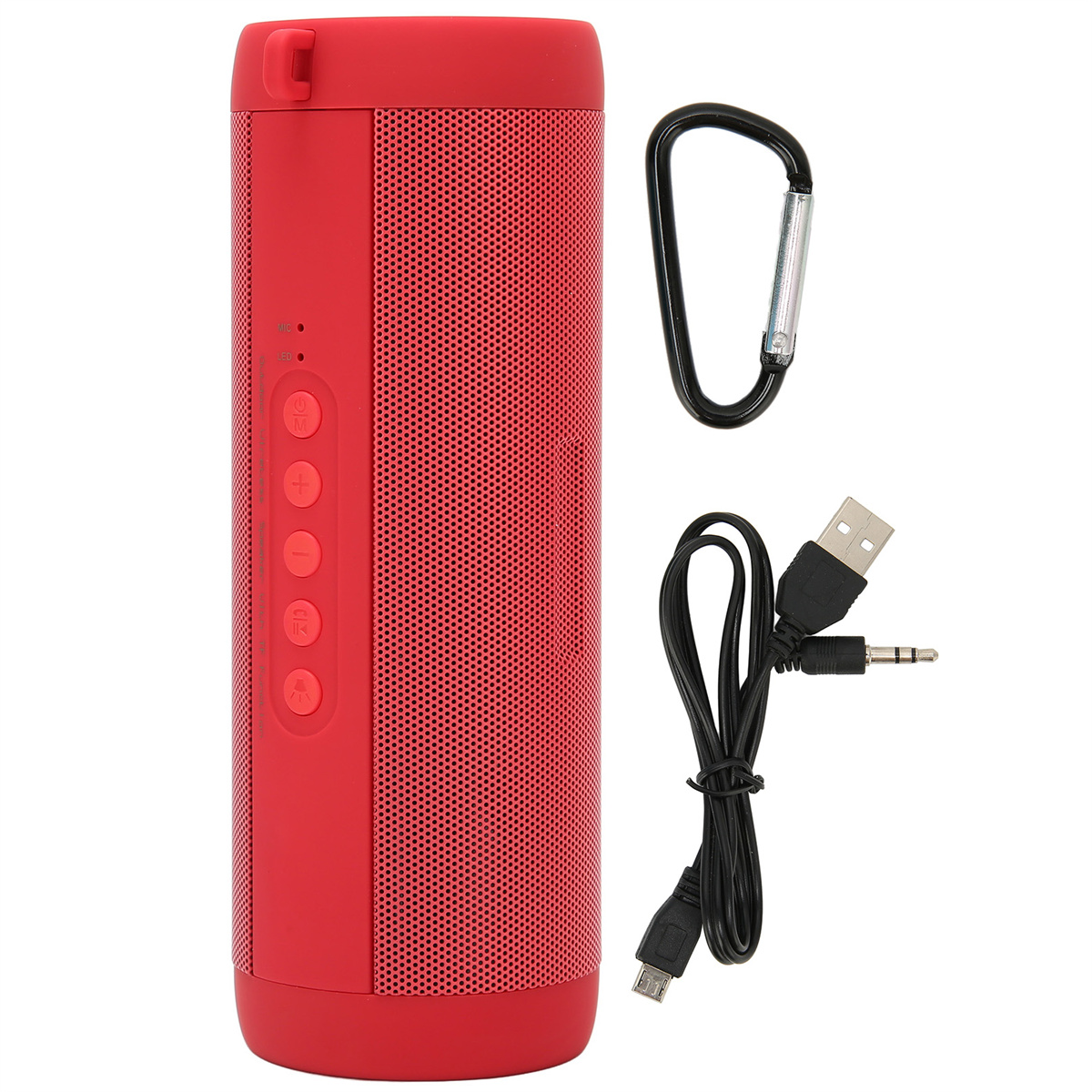 Roter zylindrischer Lautsprecher mit Knöpfen, einem Karabiner und einem USB- und Aux-Kabel.