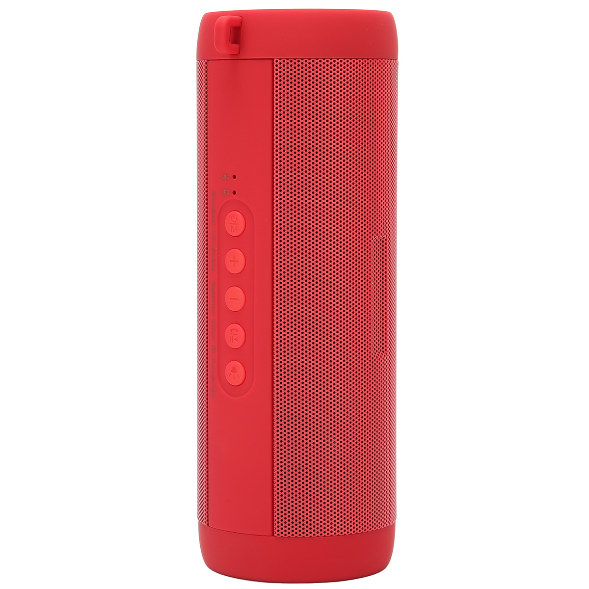 Roter zylindrischer Lautsprecher mit Knöpfen. Anschlüsse und Mesh-Design sichtbar.