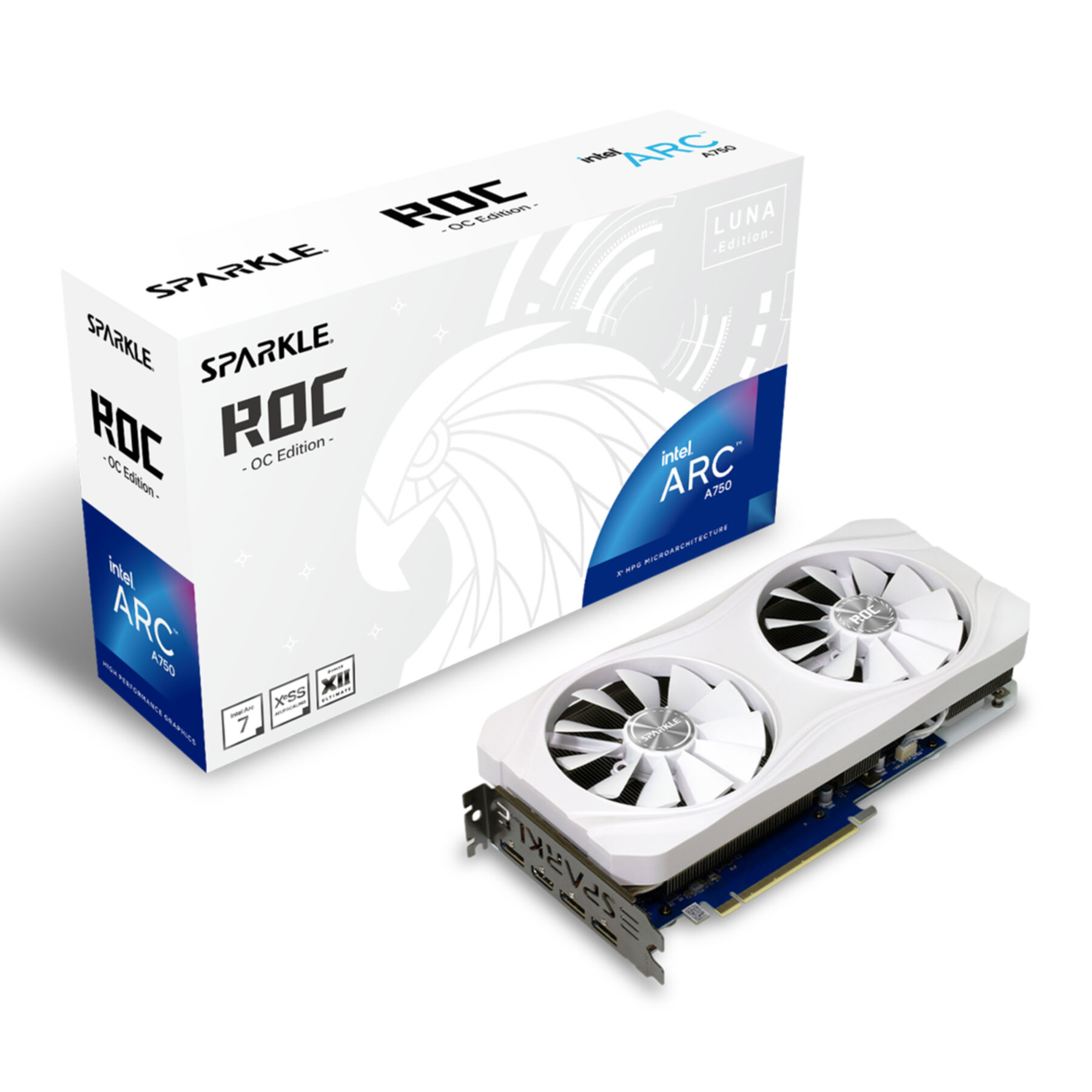 White and black graphics card with two fans, next to its box. White background.
