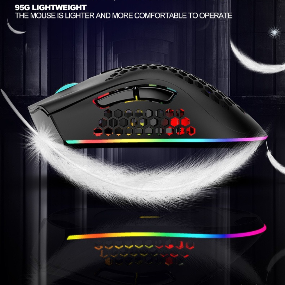 Schwarze Gaming-Maus mit RGB-Beleuchtung, weißen Federn und reflektierender Oberfläche. Text: 95G Leichtgewicht.