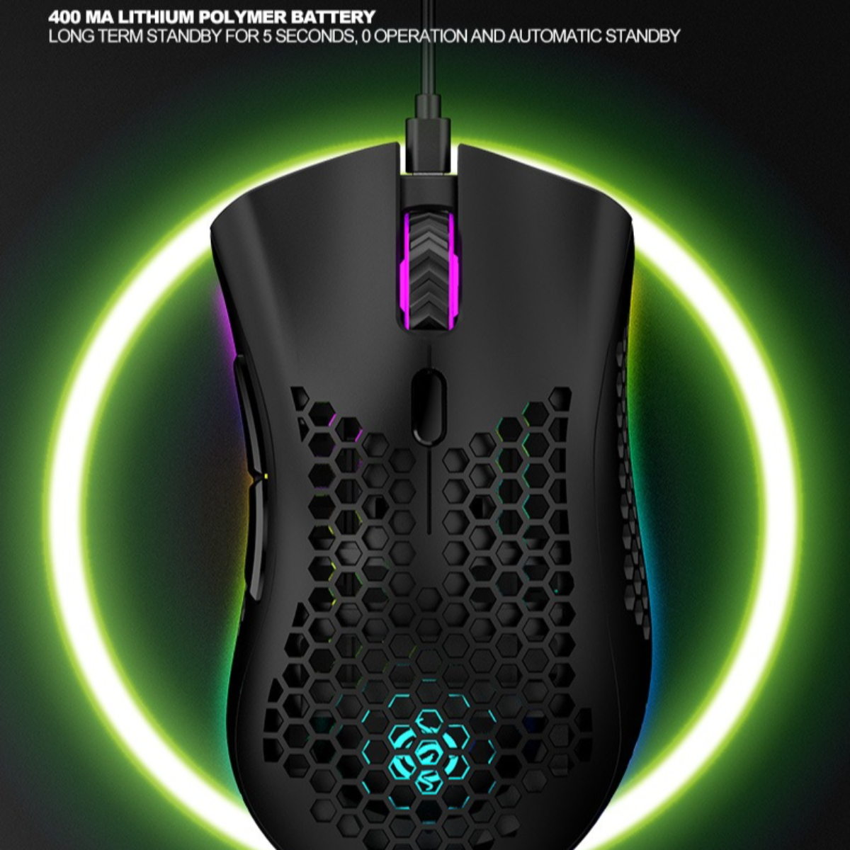Schwarze Gaming-Maus mit Wabenmuster, beleuchtet von einem grünen Ring. Text: 400 MA Lithium-Polymer-Batterie.