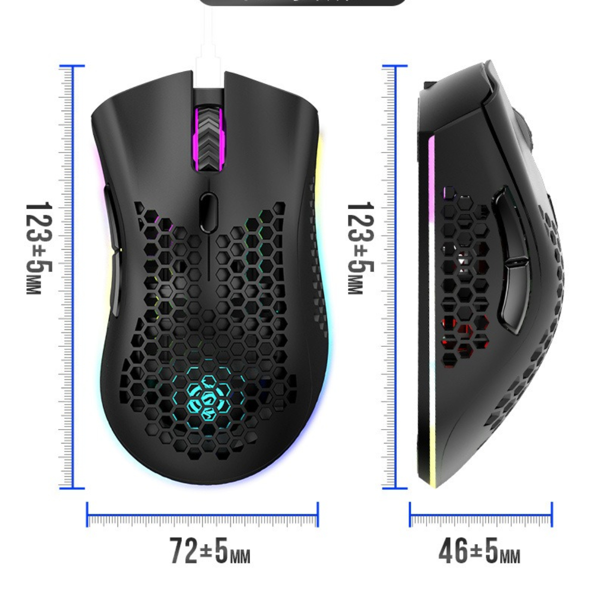 Eine schwarze Gaming-Maus mit Abmessungen und ein schwarzes Mauspad mit Abmessungen links.