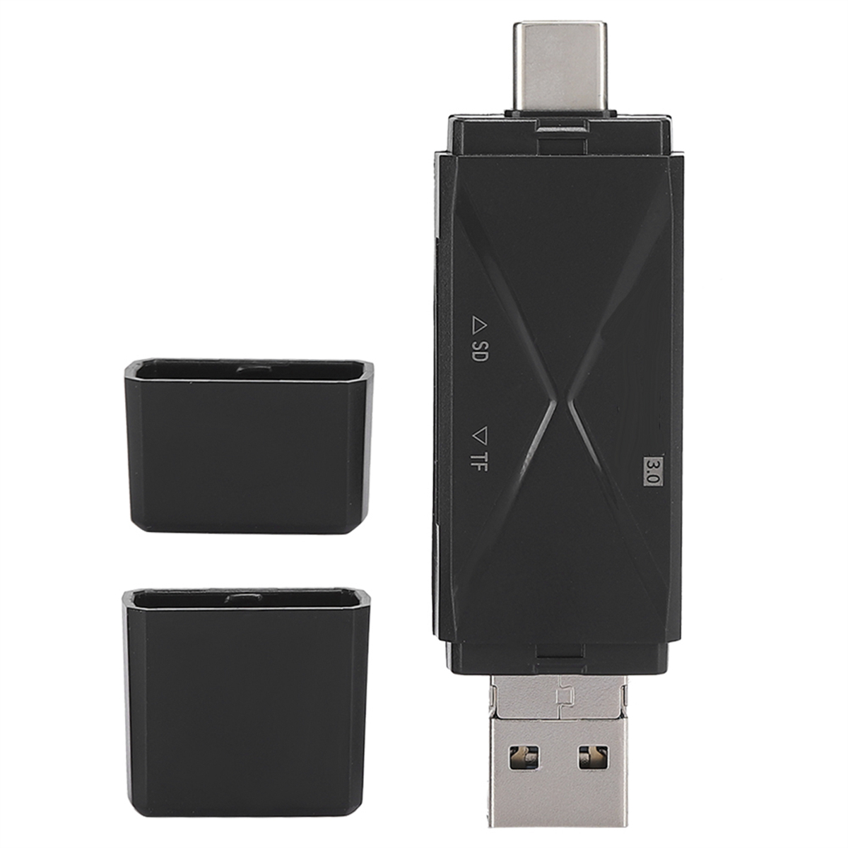 Ein schwarzer Kartenleser mit zwei schwarzen Kappen. Es hat SD- und TF-Steckplätze und einen USB-Anschluss. Die Zahl 3.0 ist sichtbar.