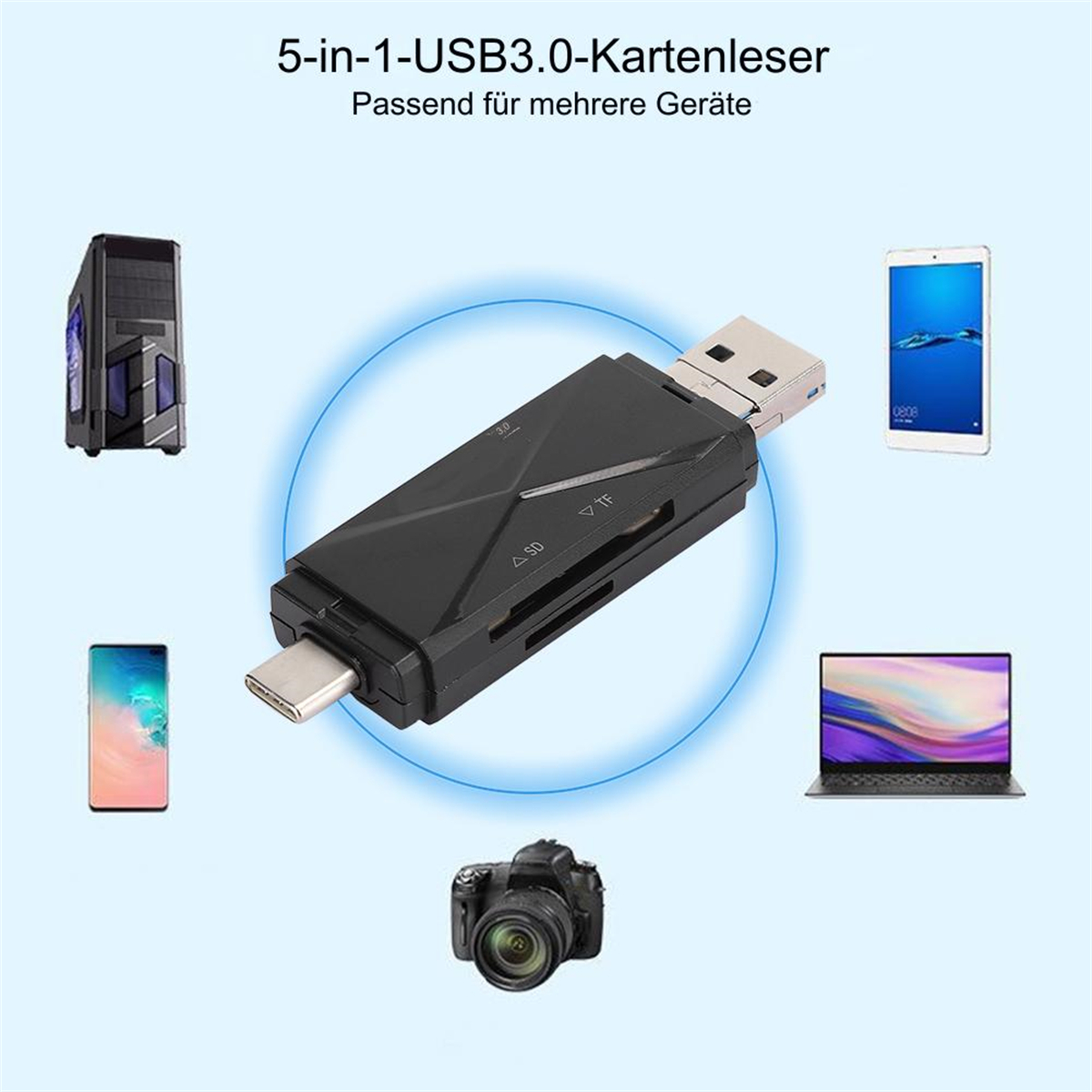 Ein schwarzer 5-in-1-USB-3.0-Kartenleser, umgeben von verschiedenen Geräten wie Telefon und Kamera.