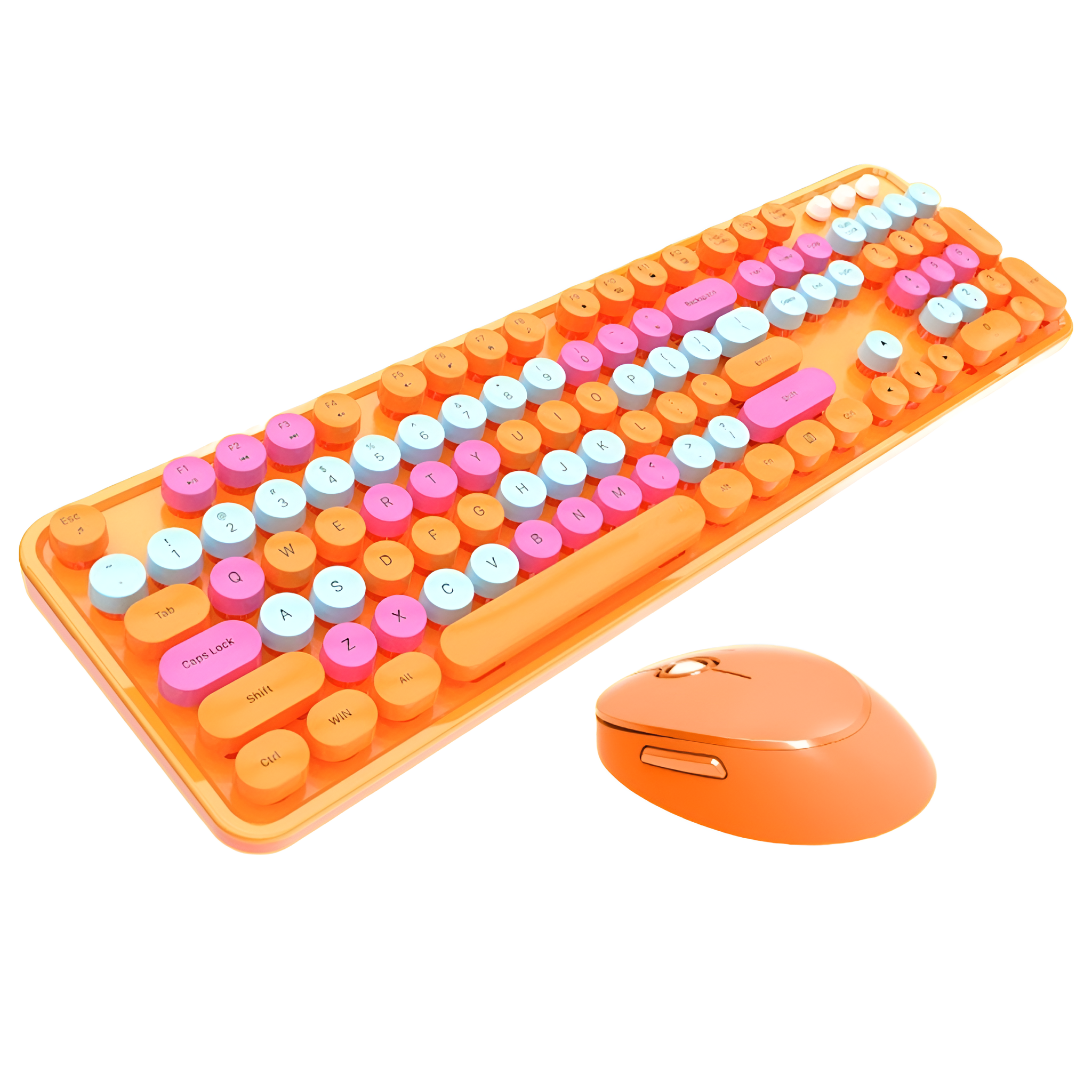 Orangefarbene Tastatur mit bunten runden Tasten, plus eine orangefarbene Maus.
