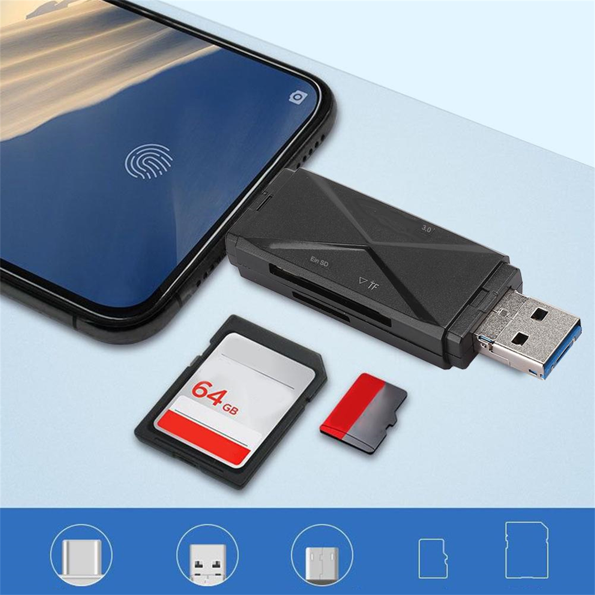 Schwarzer Kartenleser mit USB und mehreren Kartensteckplätzen. Ein Telefon und SD-Karte sind sichtbar.