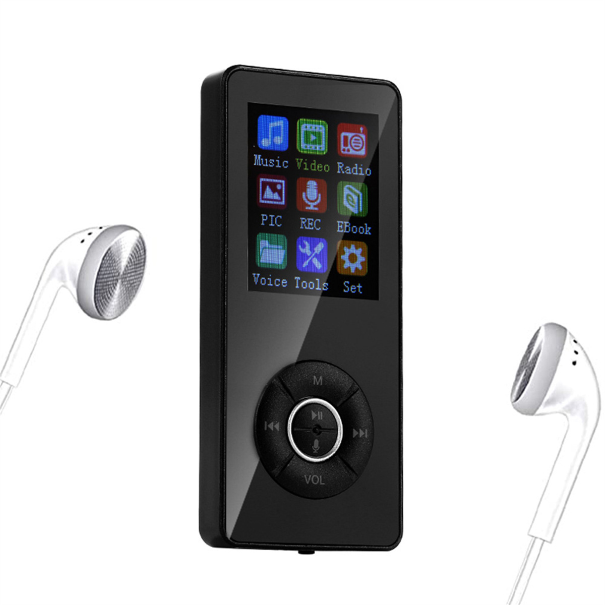 Ein schwarzer MP3-Player mit Bildschirm und zwei weißen Ohrhörern. Der Bildschirm zeigt Symbole.