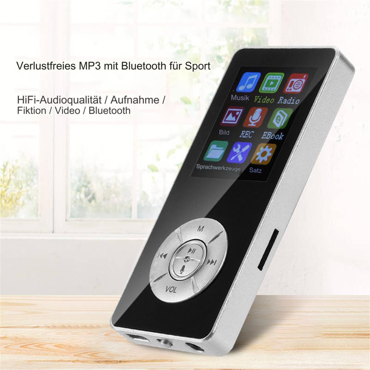 Ein schwarzer MP3-Player mit Bildschirm, Tasten und Symbolen, mit Text in Englisch und Chinesisch.