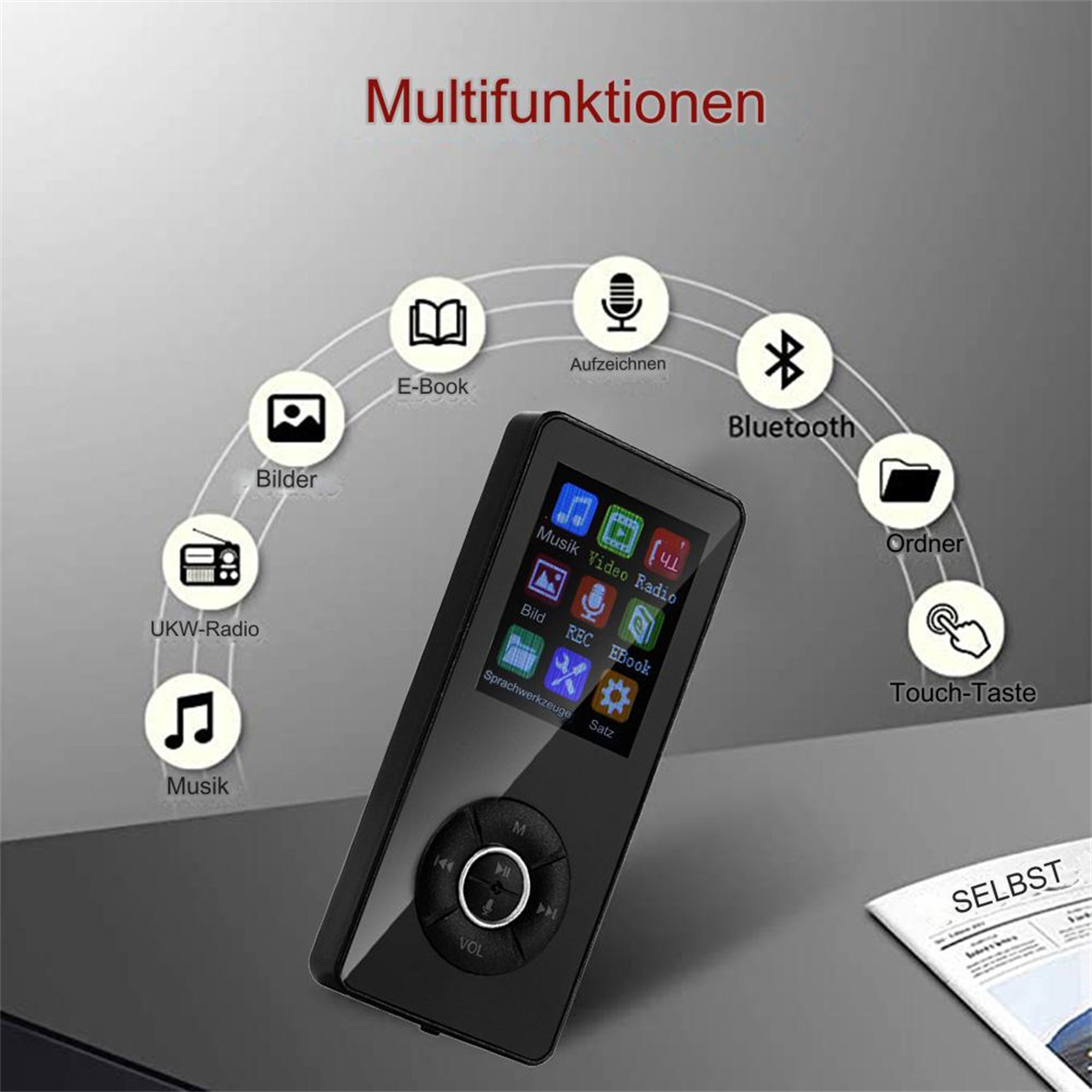 Ein schwarzer MP3-Player mit Bildschirm und Funktionssymbolen, umgeben von Symbolen.