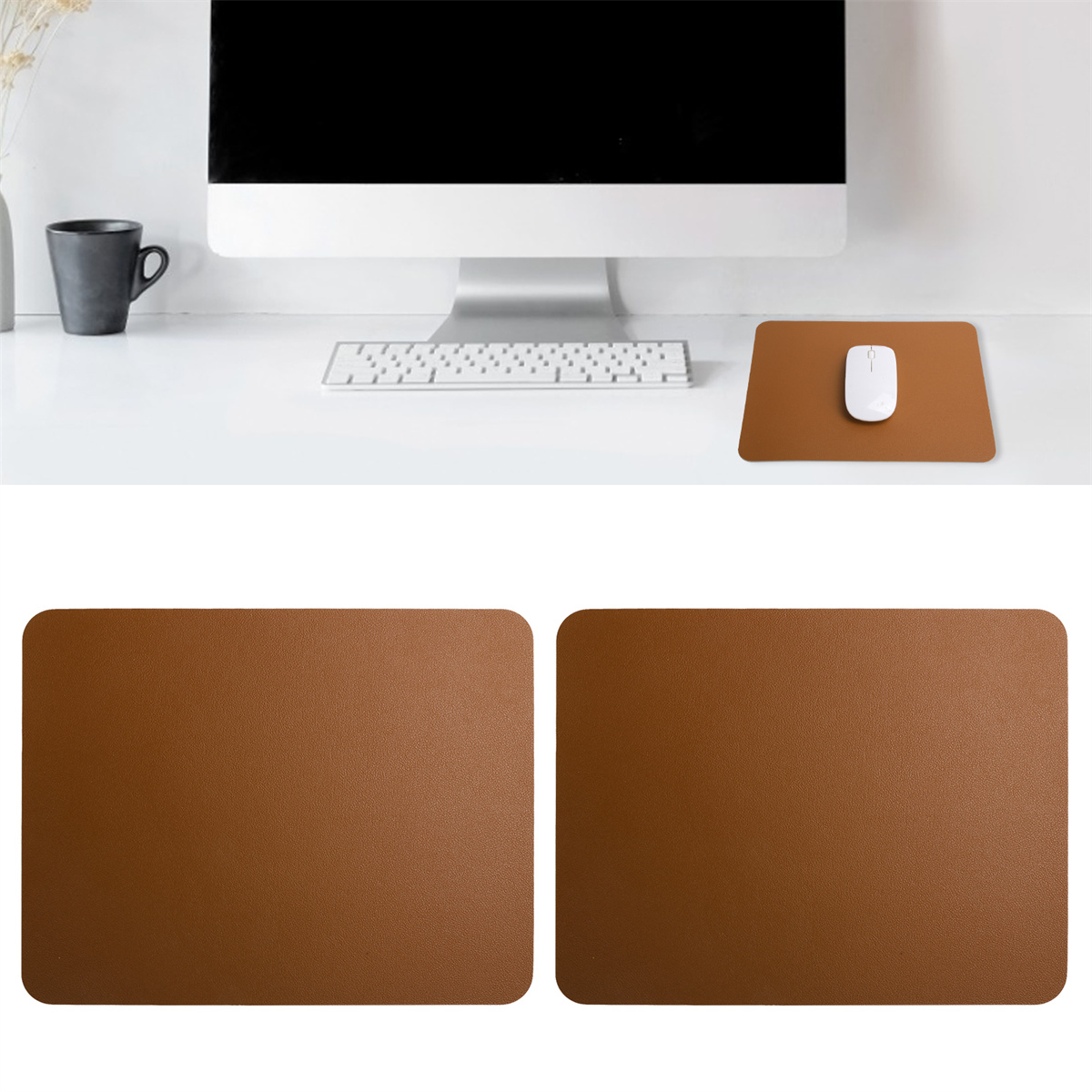 Zwei braune Schreibtischunterlagen aus Leder mit einer Maus. Weißer Schreibtisch, Computer im Hintergrund.
