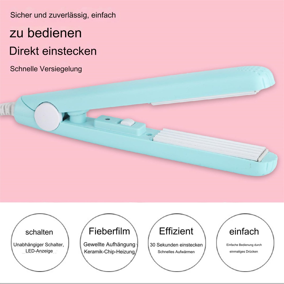 Ein türkisblaues, handliches Versiegelungsgerät mit weißen Heizelementen.