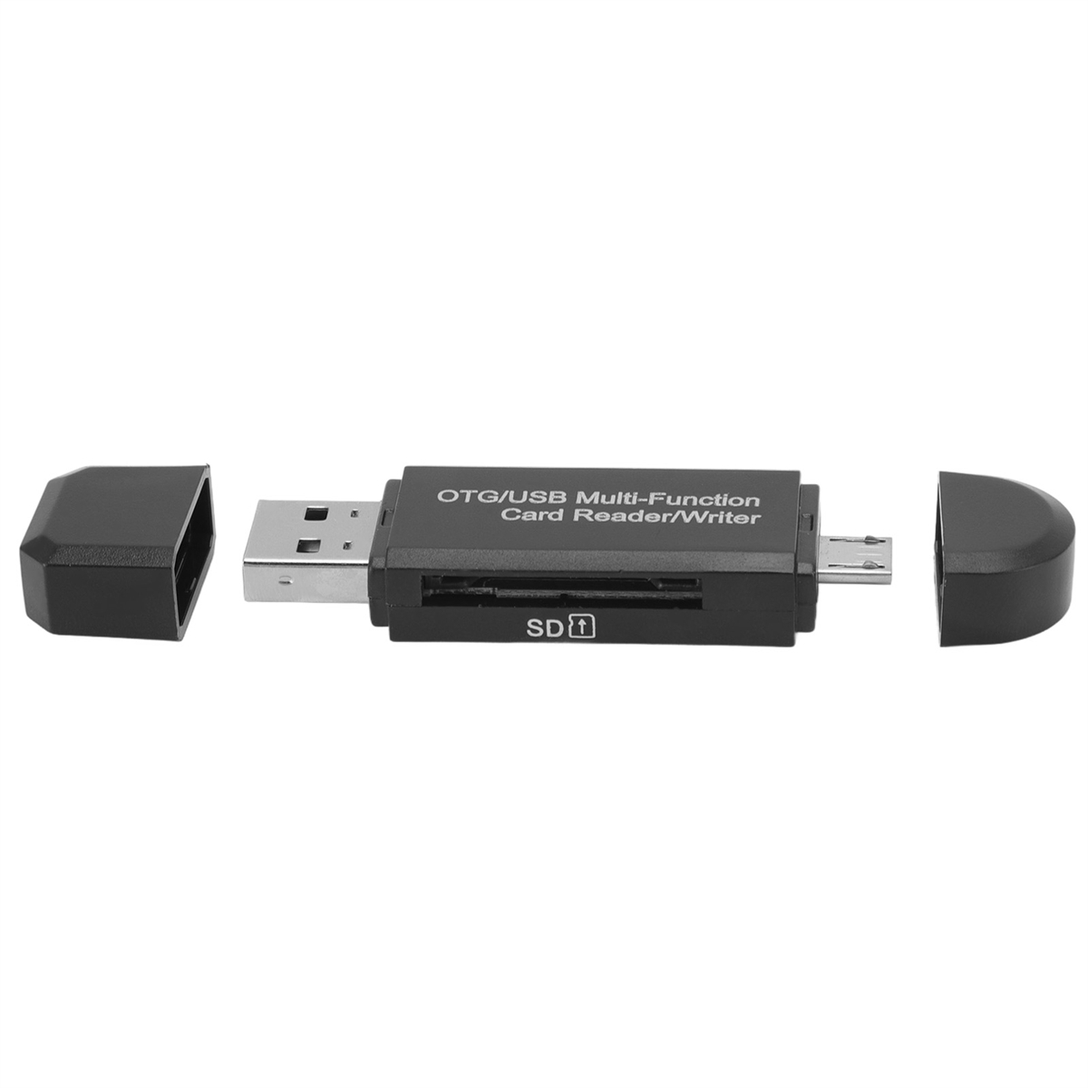Ein schwarzer OTG/USB-Multifunktions-Kartenleser, geöffnet, mit freiliegenden USB- und Micro-USB-Anschlüssen.