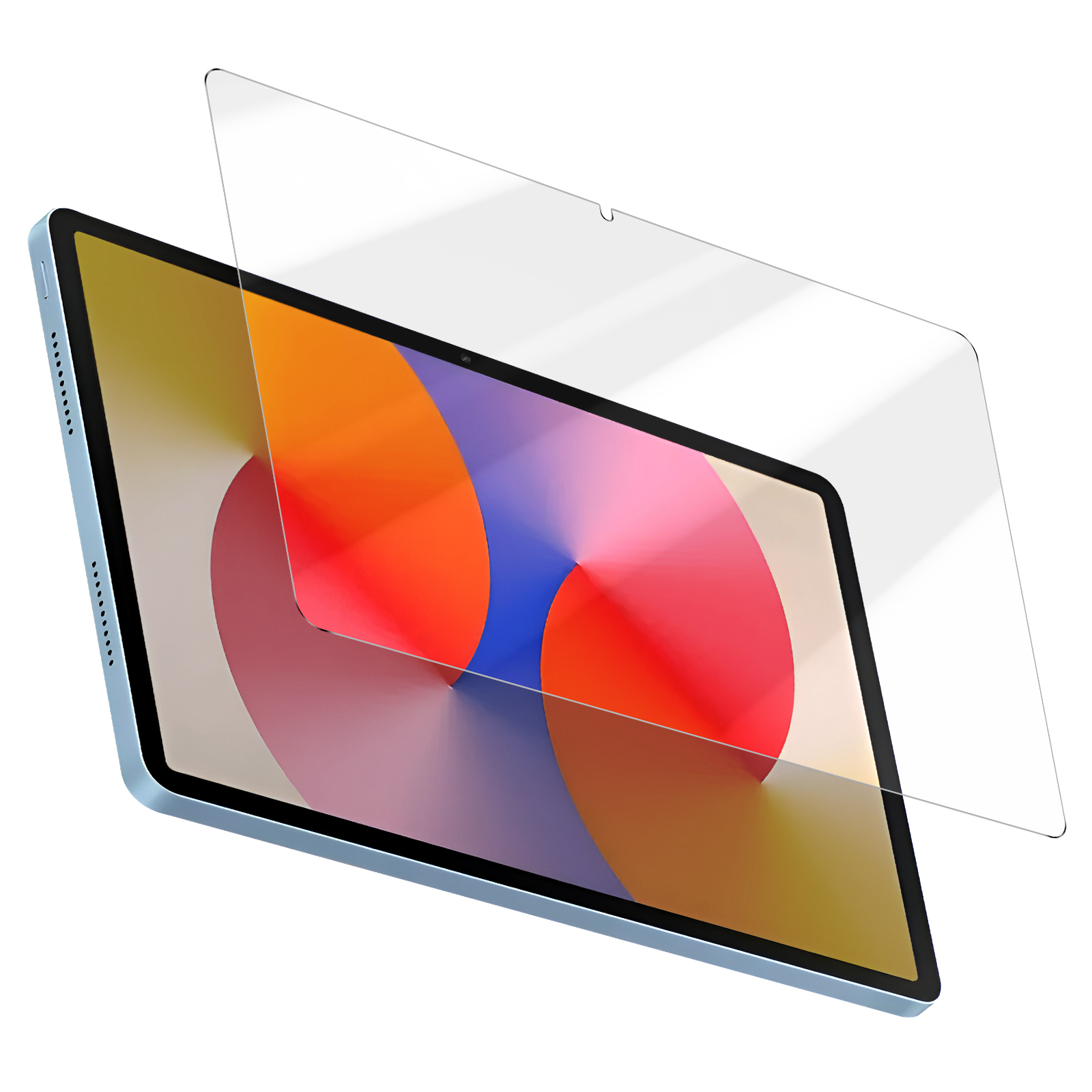 Un tablet con una protezione per lo schermo è posizionato su una superficie bianca. Il tablet ha un display colorato.
