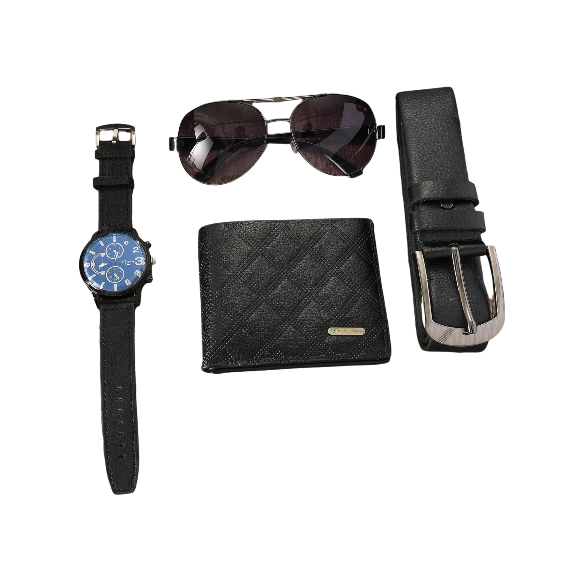 Accessoires: Uhr, Sonnenbrille, Geldbörse und Gürtel. Schwarzer Hintergrund. Ordentlich angeordnet.