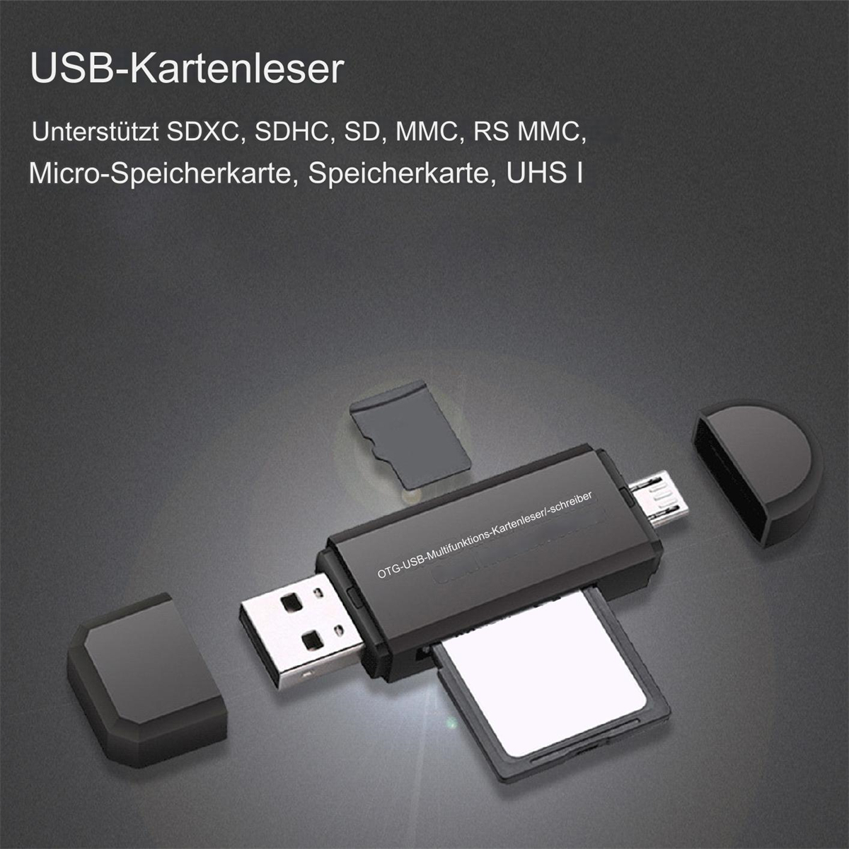 Ein schwarzer USB-Kartenleser mit zwei eingelegten Karten. Eine Karte befindet sich im USB-Anschluss.