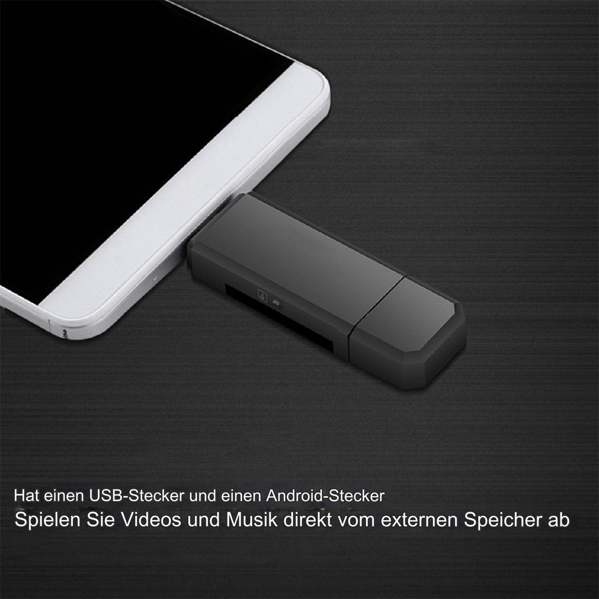 Ein schwarzer USB-Stick, der mit einem weißen Smartphone verbunden ist, liegt auf einer strukturierten Oberfläche.
