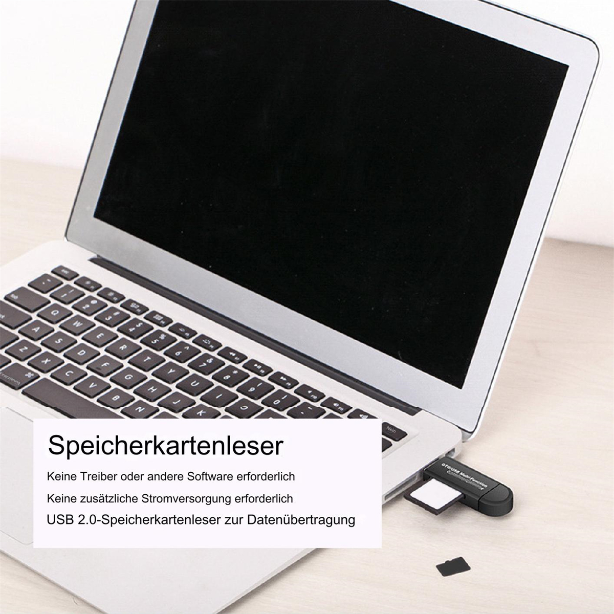 Laptop mit eingestecktem USB-Kartenleser. Text: Speicherkartenleser. Keine Treiber erforderlich.