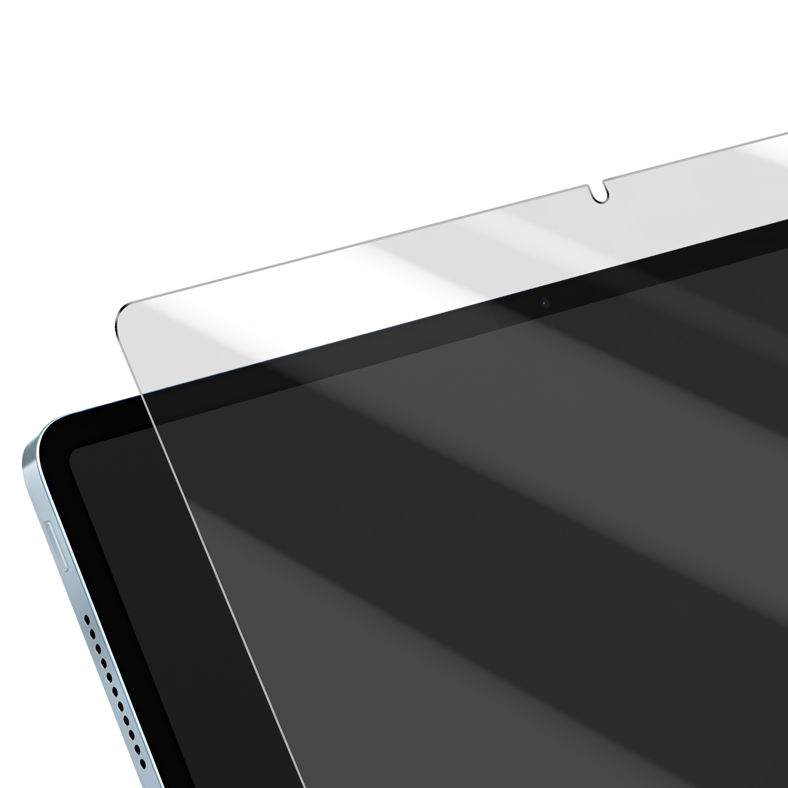 Tablet con protezione schermo applicata. Mostra il bordo superiore del tablet con la protezione parzialmente applicata.