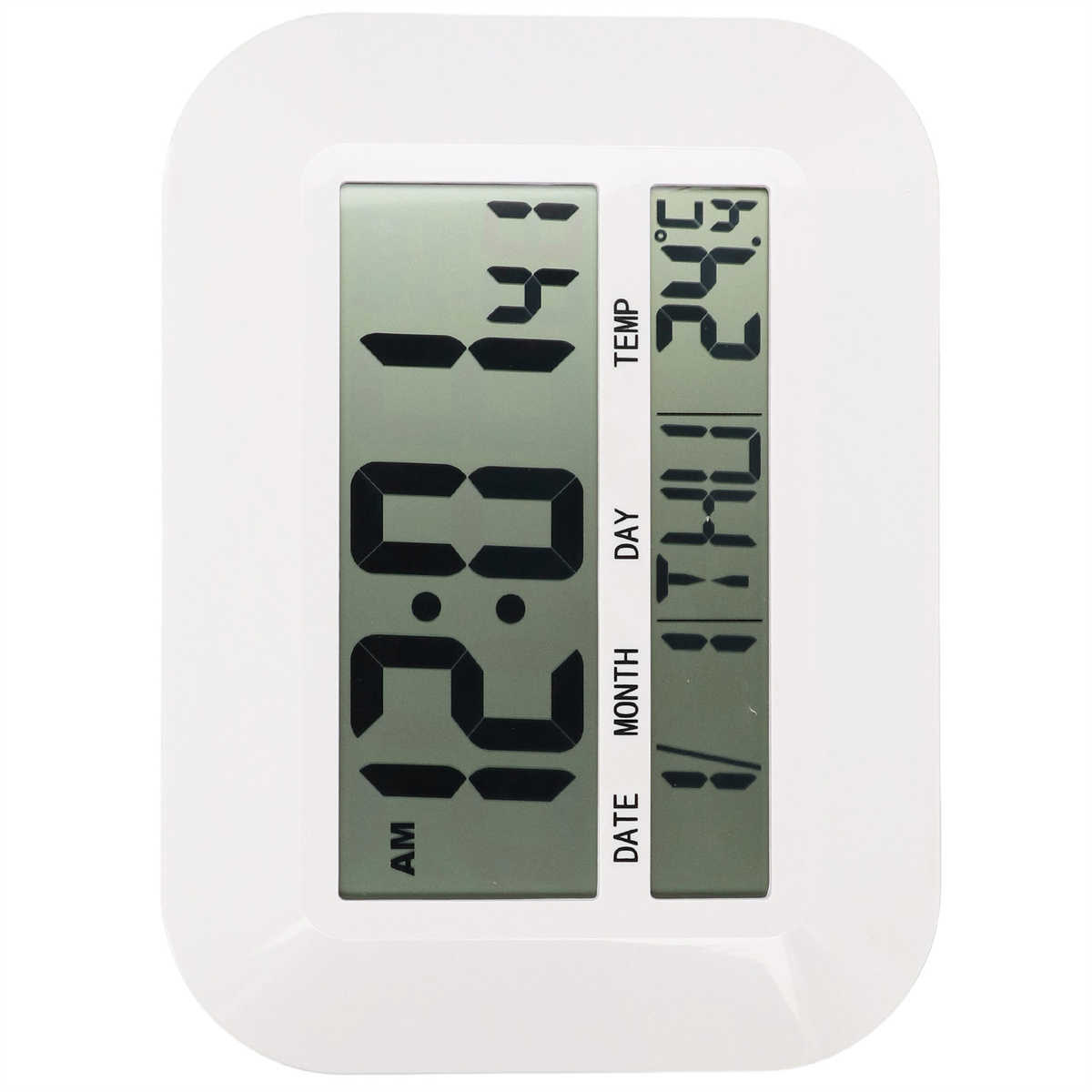 Digitaluhr mit Anzeige von Uhrzeit, Datum, Tag und Temperatur. Weißer Rahmen.