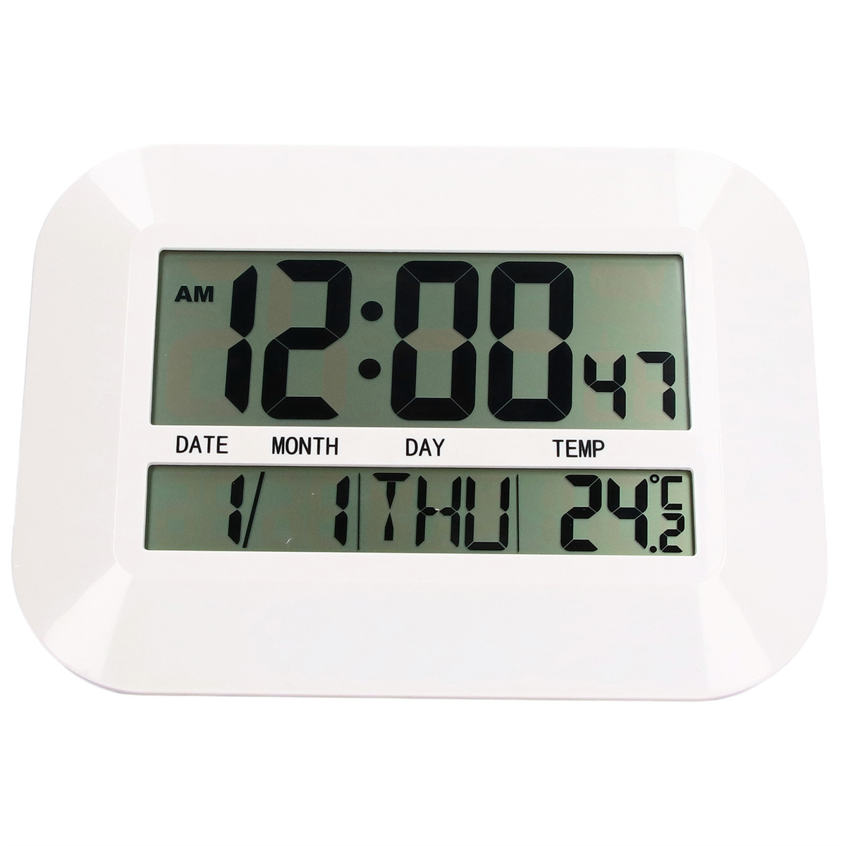 Eine weiße Digitaluhr mit der Anzeige 12:00:47, Datum, Monat, Tag und Temperatur.