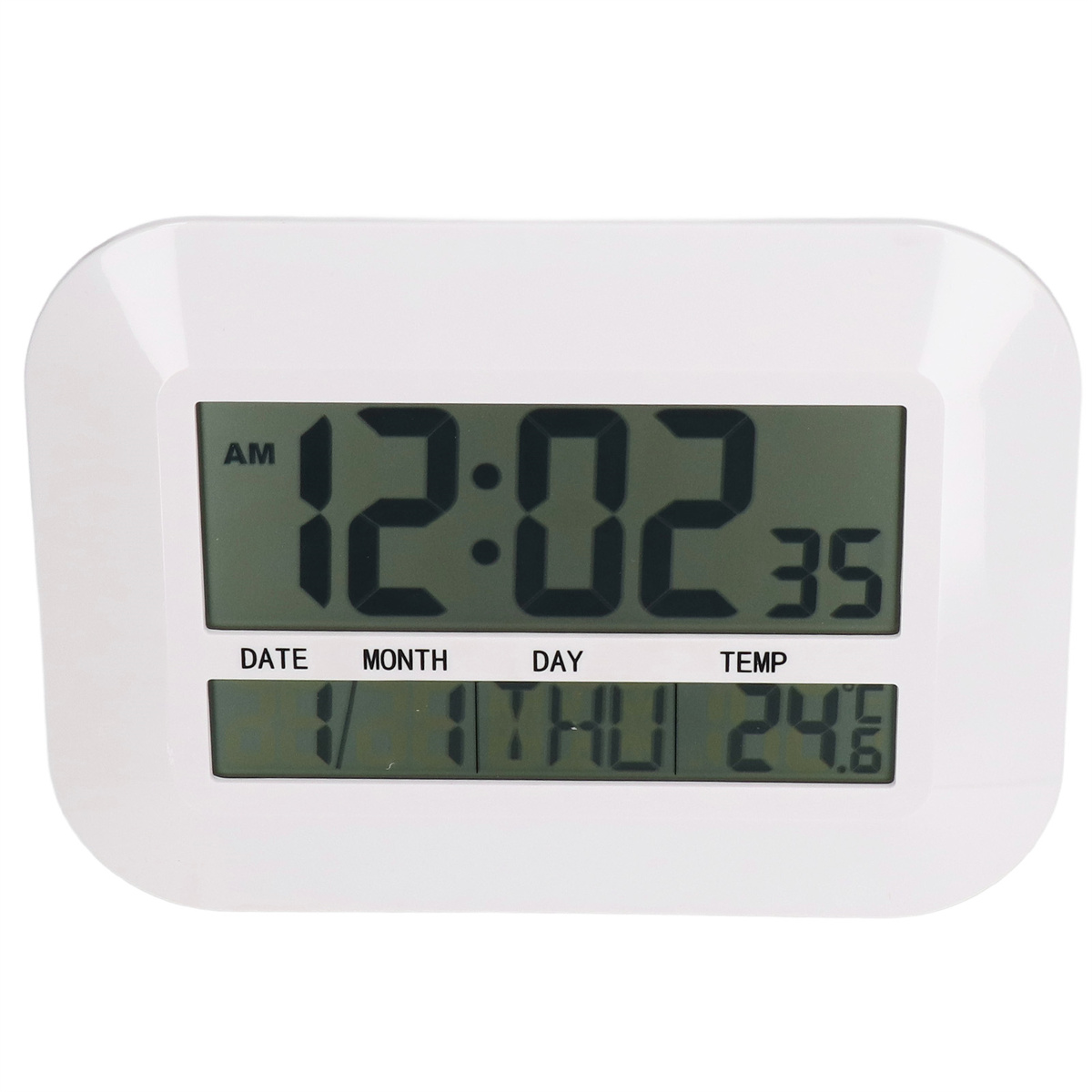 Eine weiße Digitaluhr, die Zeit, Datum und Temperatur anzeigt.