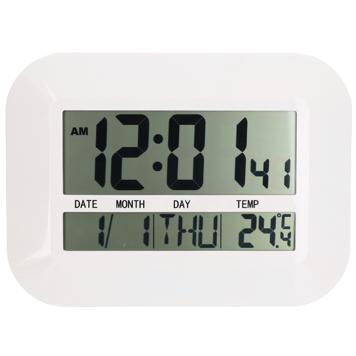 Weiße Digitaluhr mit Anzeige von Zeit, Datum und Temperatur. Schwarze Ziffern auf weißem Hintergrund.