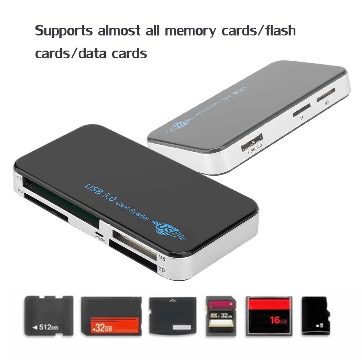 Zwei Kartenleser mit Speicherkarten. Die Leser unterstützen USB 3.0. SD, MS, CF und XD Karten.