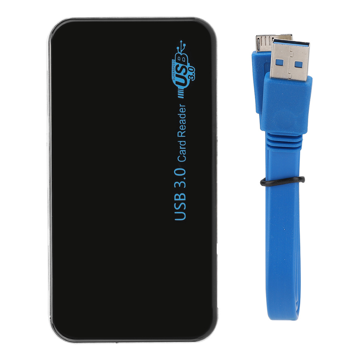Schwarzer USB 3.0 Kartenleser mit blauem Kabel. Der Leser hat das USB 3.0 Logo.